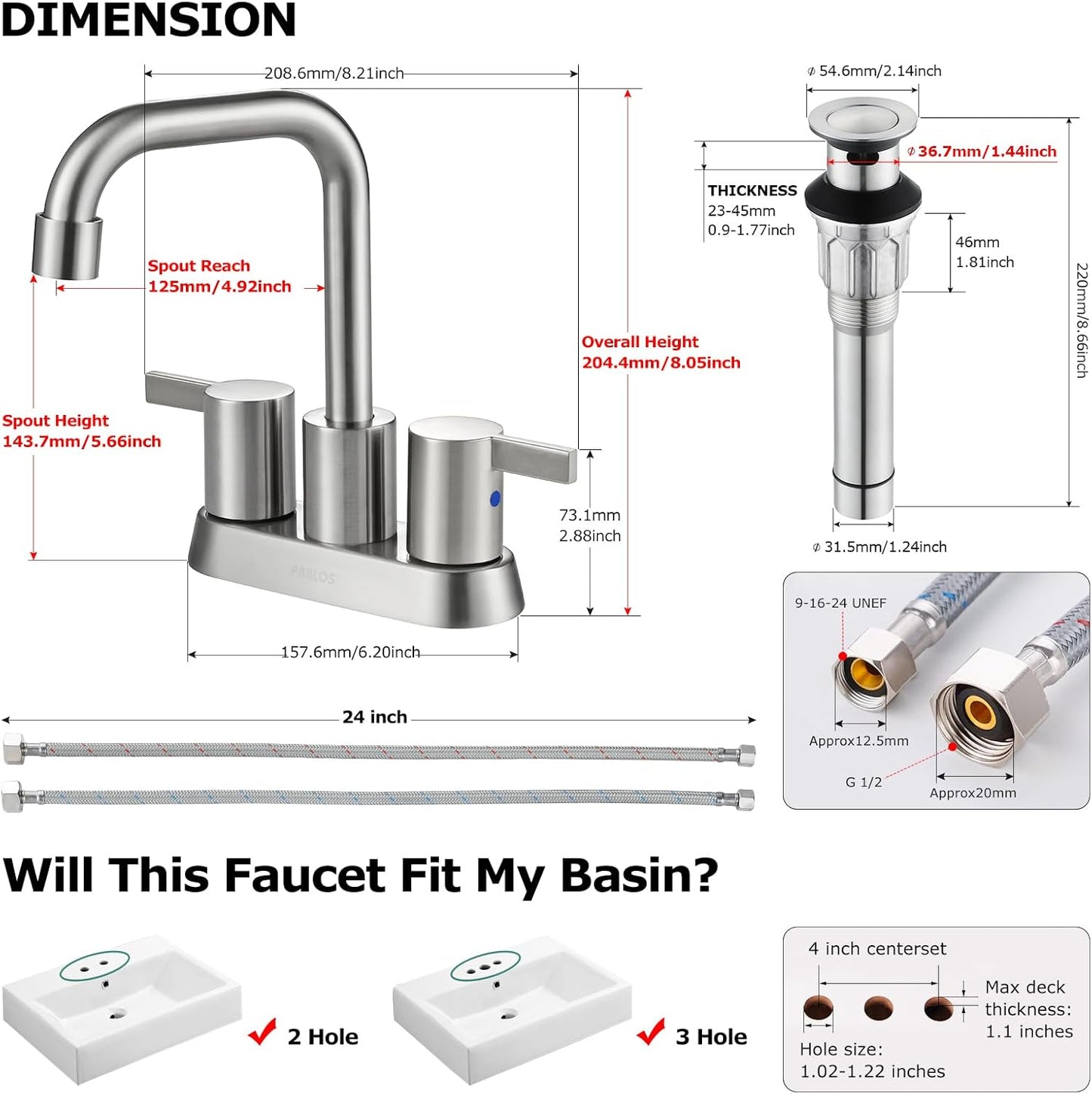 PARLOS 2 Handles Bathroom Faucet Brushed Nickel with Metal Pop-up Drain and Faucet Supply Lines, 1431602