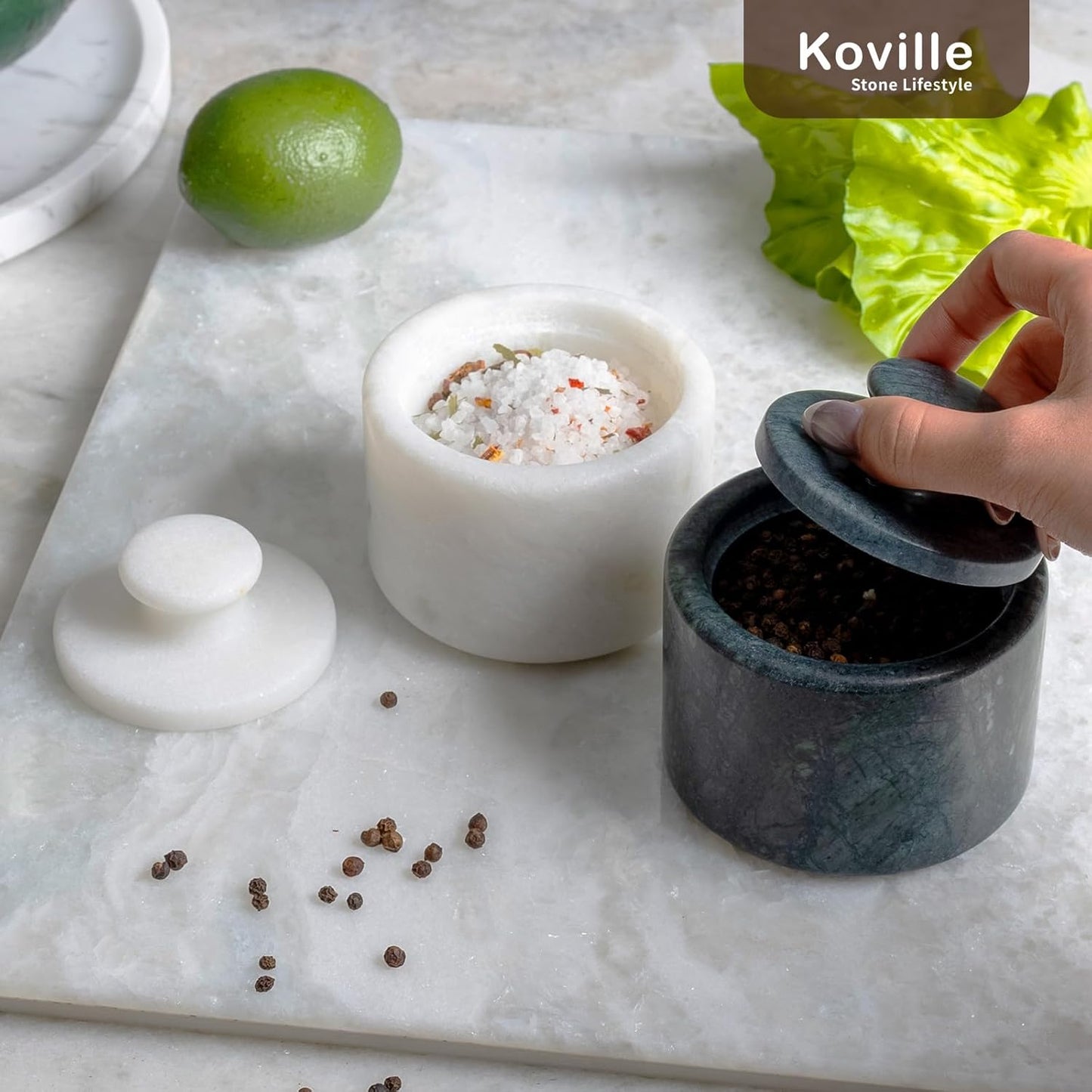 Koville Marble Salt Cellar White and Green Salt Holder with Lid for Kitchen Table Décor, Elegant Modern Handcrafted Seasoning Container for Countertop, Salt and Pepper Holder & Coffee Beans Storage