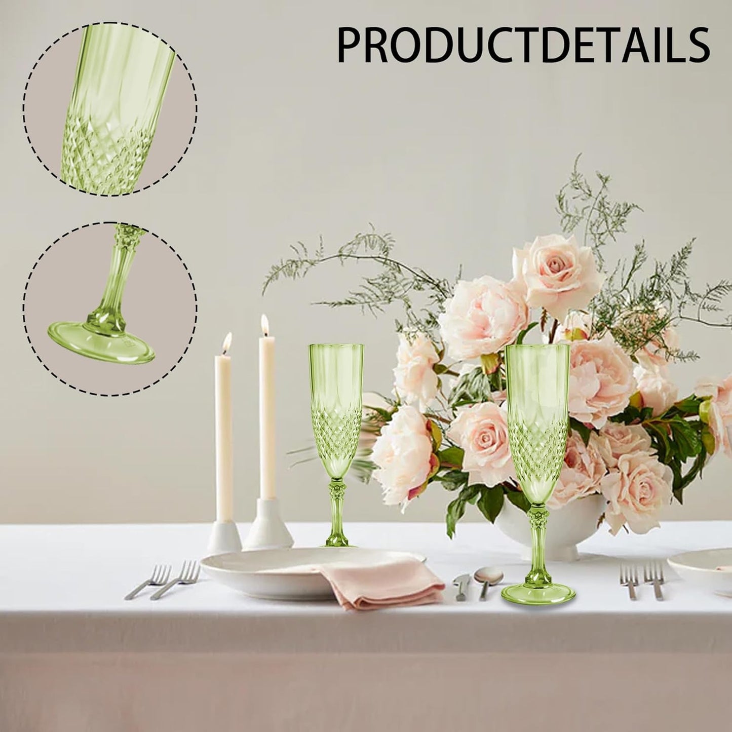 Plastic Champagne Flutes, 24PCS Green Plastic Wine Glasses Goblets Reusable Champagne Flute for Weddings, Bachelor Parties, Toasting, and Events(24, Green)