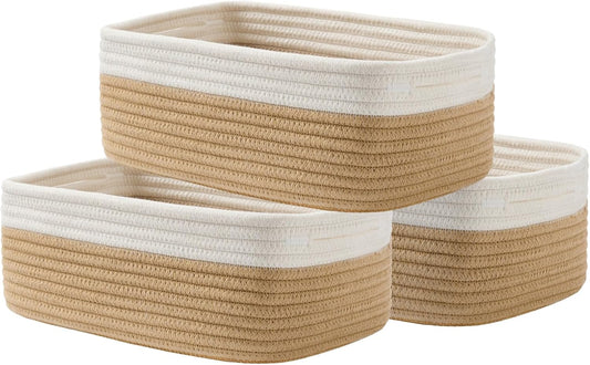 Small Woven Basket, 12 x 8 x 4.5 Inches, Storage Basket for Organizing, Cute Small Rope Shelf Closet Cube Storage Bins Baskets for Shelves, Dog Toy Gift Baskets Empty, 3 Pack White & Brown
