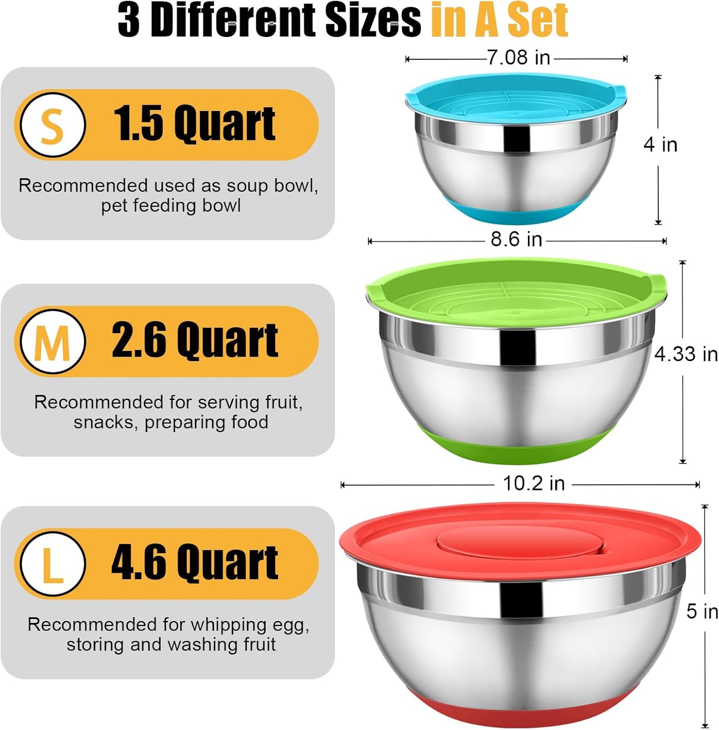 P&P CHEF Mixing Bowl with Lids Set of 3, Stainless Steel Nesting Salad Bowls for Serving Preparing, 3 Grater Attachments & Non-Slip Bottoms, Size 1.5/2.6/4.6 QT, Multicolor