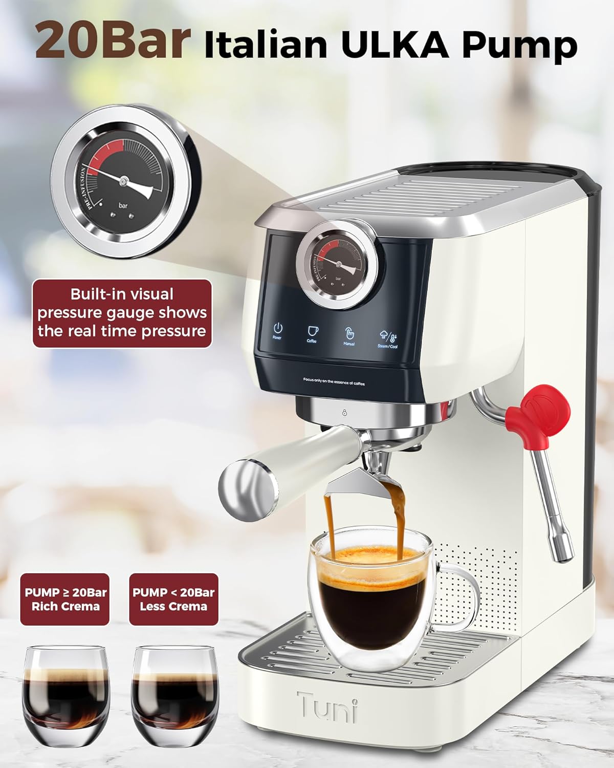 Tuni E2 58mm Espresso Machine and G1 Ivory Conical Burr Coffee Grinder Combo, 20Bar Dual Boiler Coffee Maker with 10mm Steam Milk Frother, 48 Grind Settings Anti-static Burr Mill