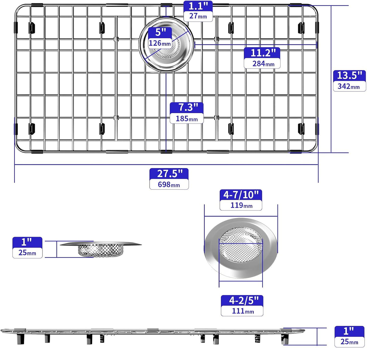 Sink Protectors for Kitchen Sink, Sink Grate Grid for Bottom of Sink, Metal Sink Rack, Bottom Basin Rack, Stainless Steel, 27.5" x 13.5"