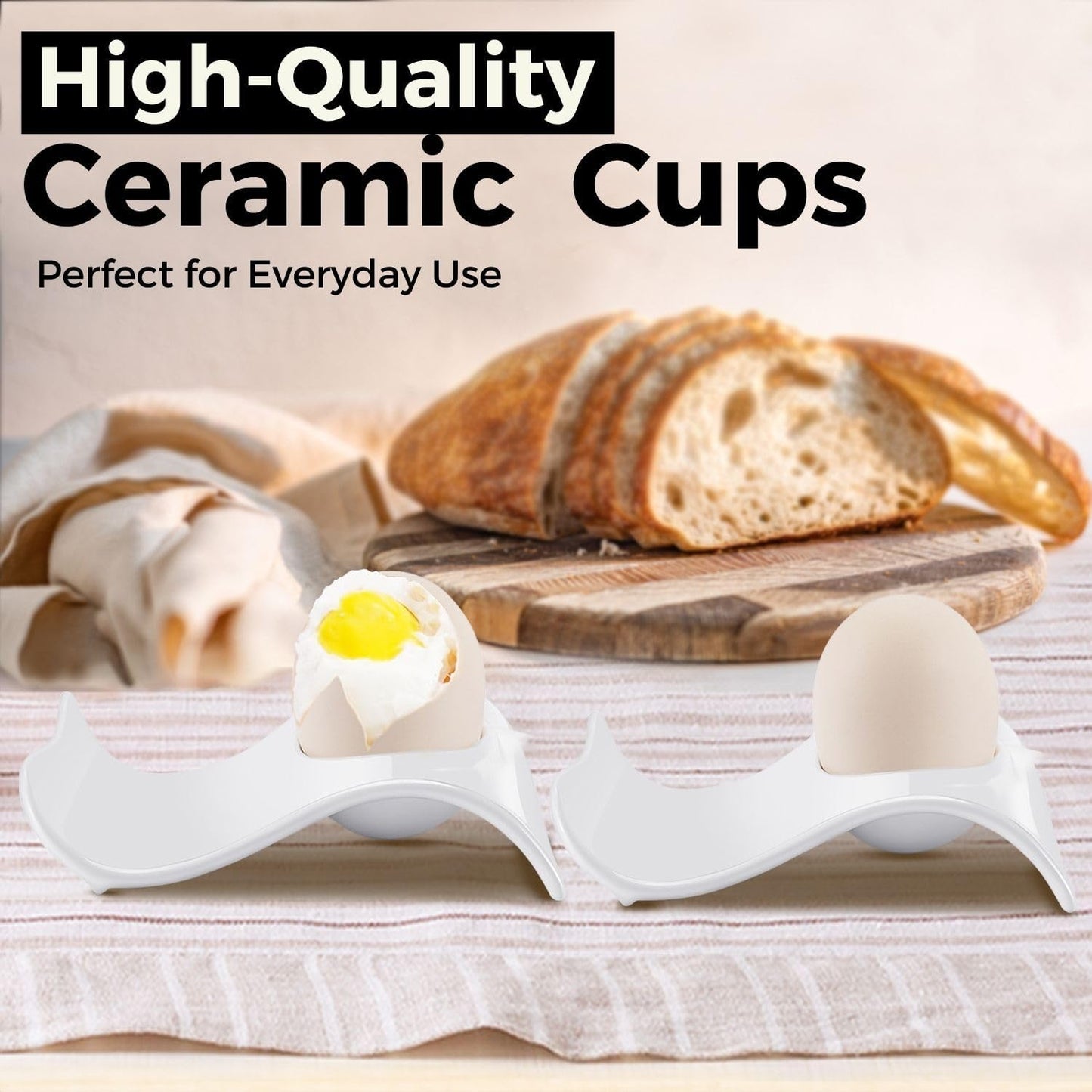 Flexzion Ceramic Egg Holder Cup - 6-Piece Hard Boiled Egg Holder & Soft Boiled Egg Holder Set, White Coddled Egg Cup, Stable & Stackable Modern Wave Style Egg Serving Dish with Base