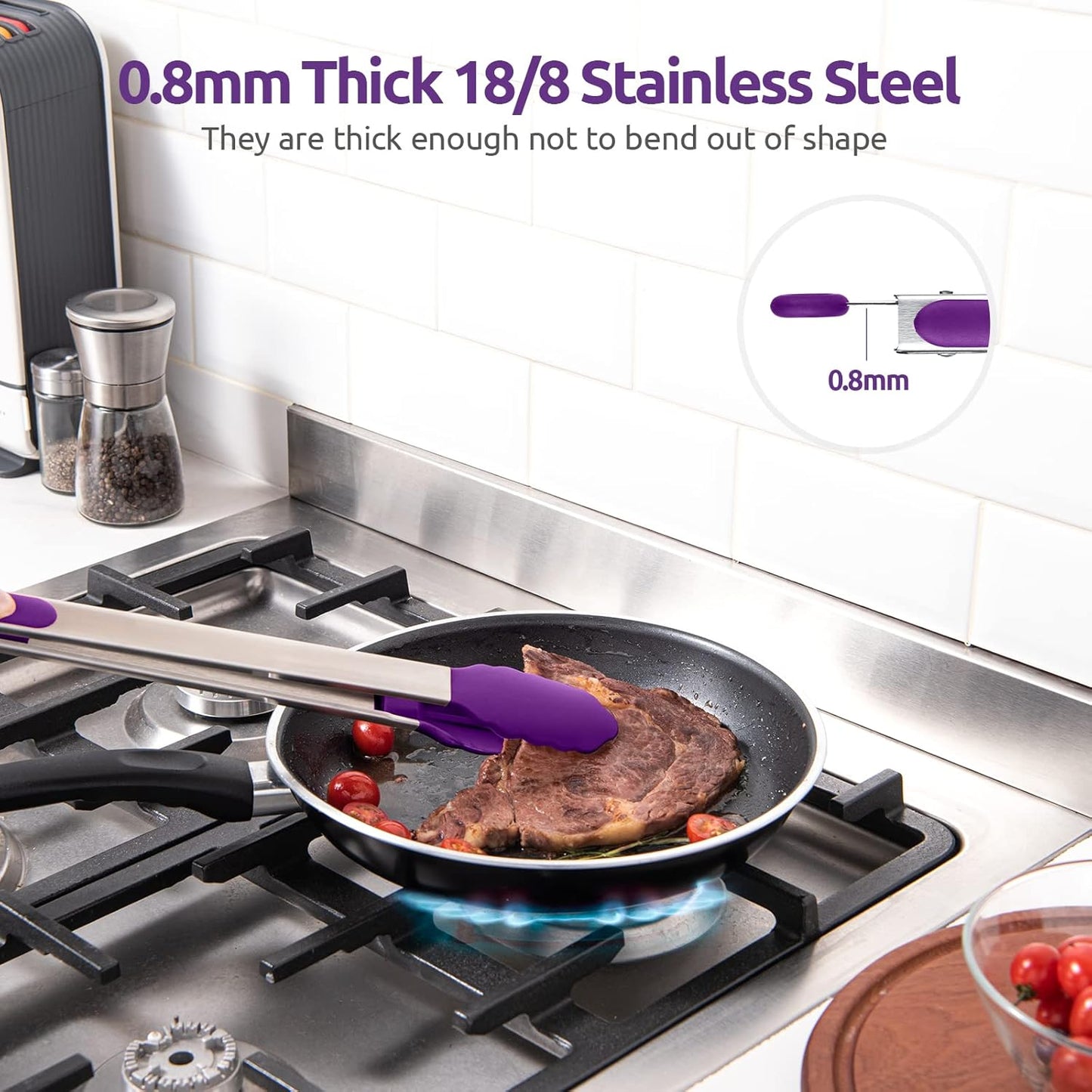 600ºF Heat Resistant Kitchen Tongs: U-Taste 16 inch Extra Long Large Silicone Cooking Tong with Sturdy Non Stick Rubber Tips & Non Slip Silicon Coated 18/8 Stainless Steel Handle for Grill BBQ(Purple)