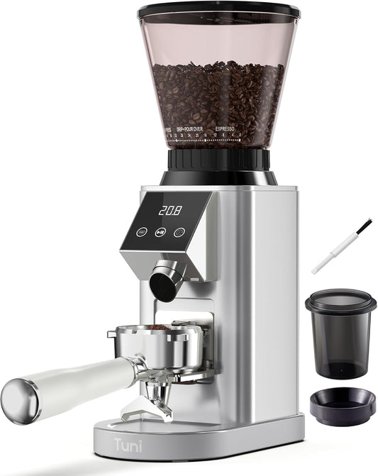 Tuni G1 Conical Burr Coffee Grinder, 48 Grind Settings Anti-static Burr Mill, Precision Electronic Timer and LED Touchscreen for Espresso/Drip/Cold Brew/French Press, Stainless Steel, Silver