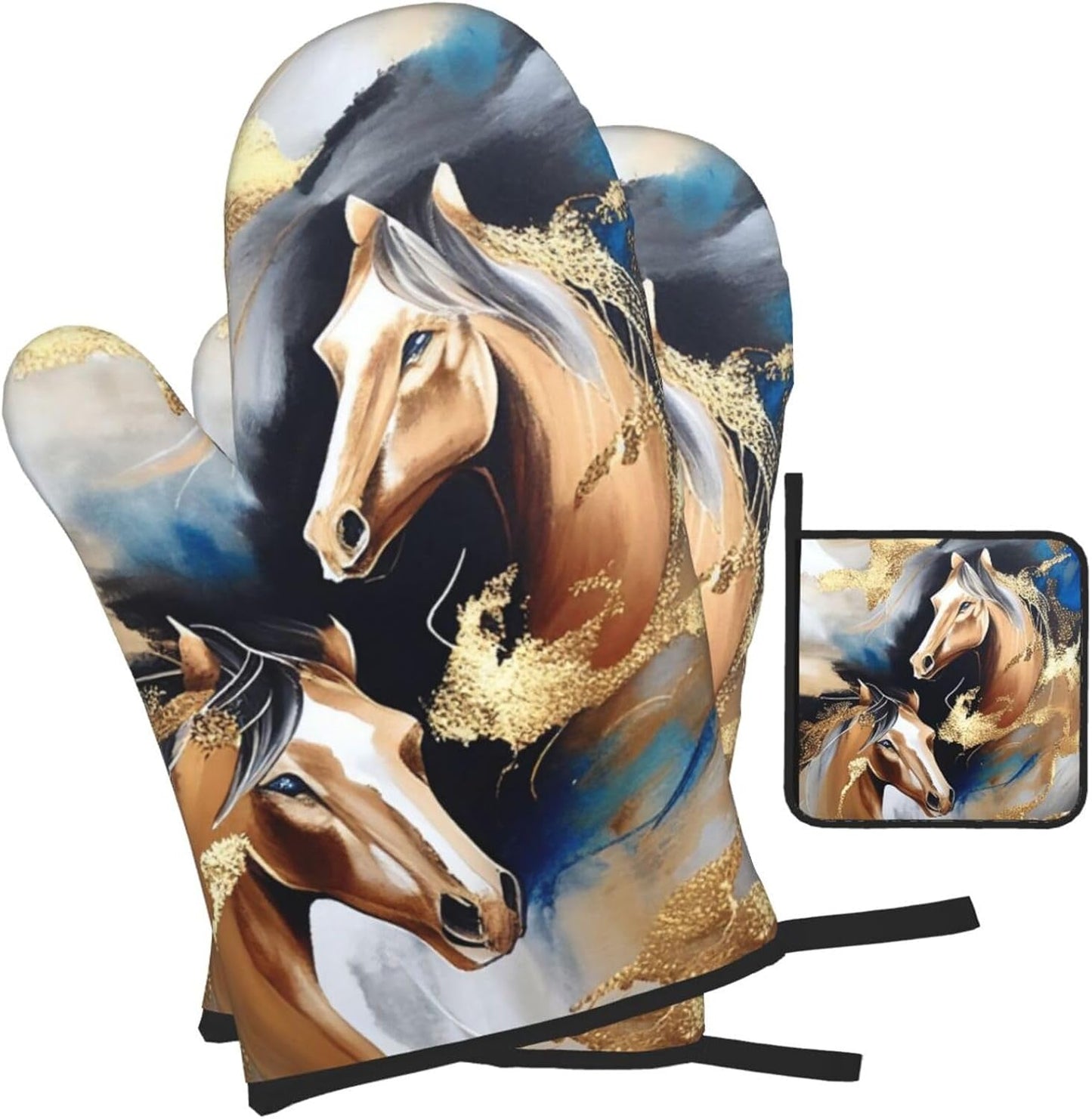 Horse Oven Mitts and Pot Holders Sets of 3 Modern Kitchen Decor Heat Resistant Hot Pads Funny Oven Gloves for Cooking Grilling Baking