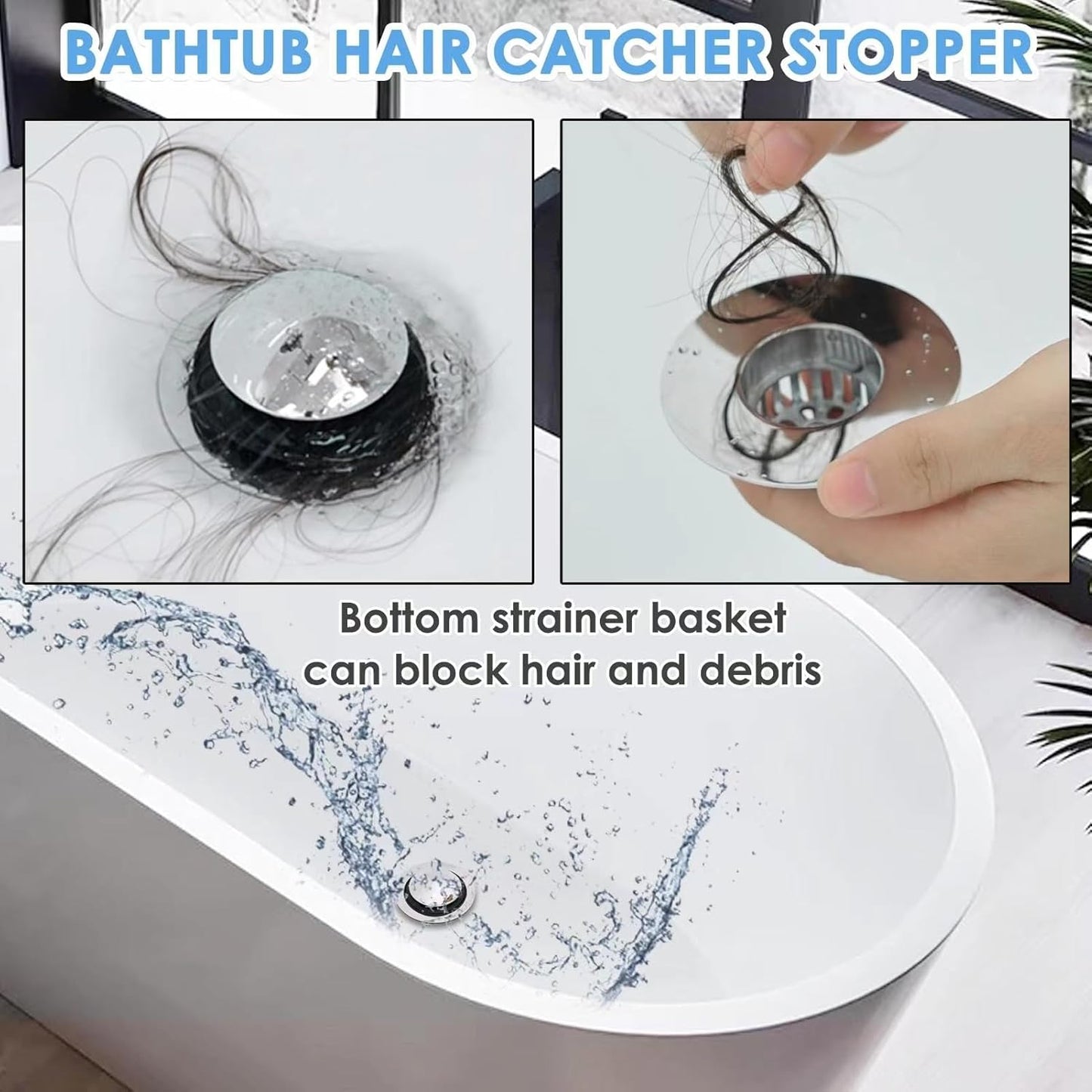 Bathtub Drain Stopper, Pop Up Tub Drain Hair Catcher, Bath Tub Drain Plug and Cover for 1.45-1.8in Drain Hole, Replaces Lift and Turn, Tip Toe or Trip Lever, Silver