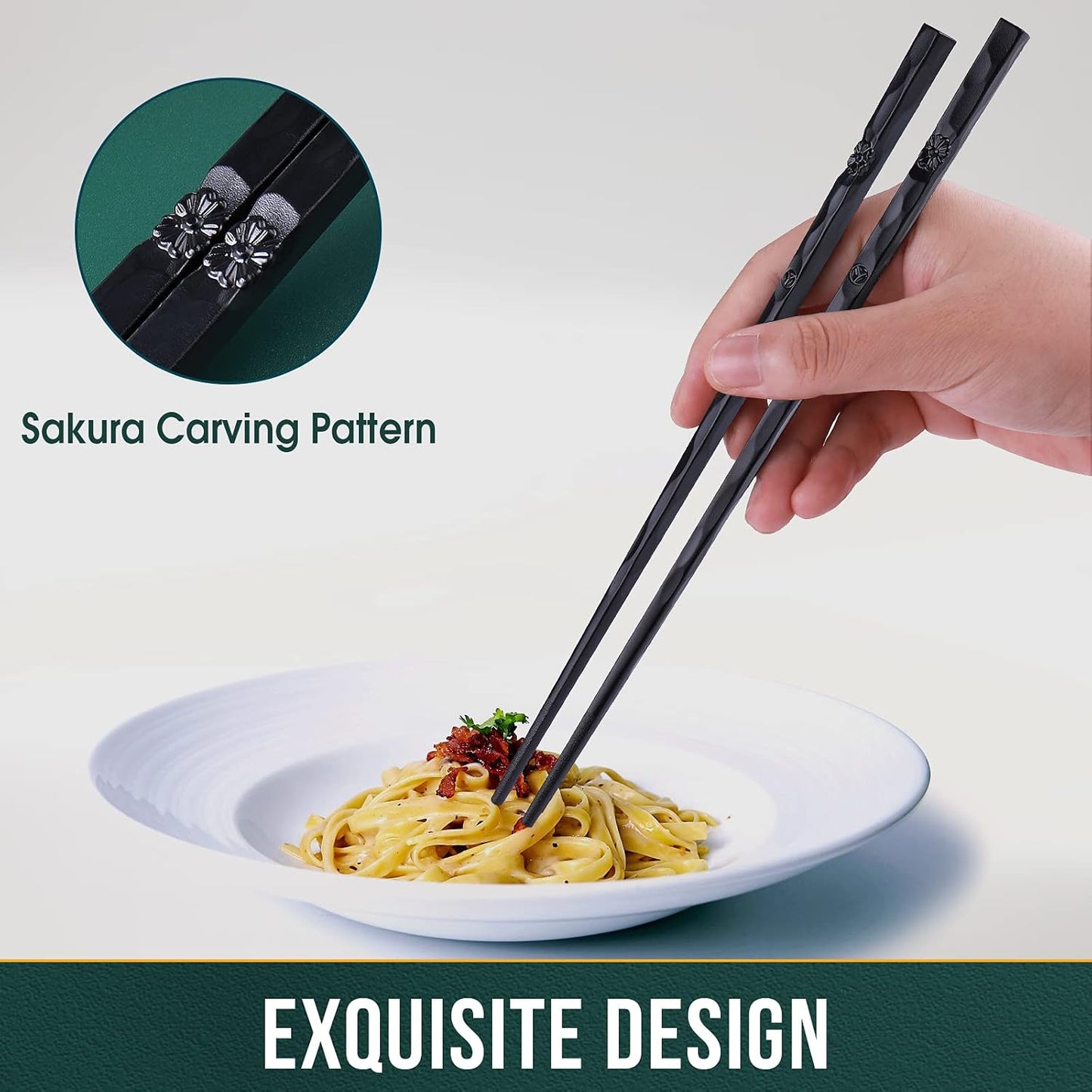 5 Pairs Japanese Fiberglass Chopsticks, GLAMFIELDS Reusable Chop sticks Dishwasher Safe, Non-slip, 9 1/2 inches - Gift Set Black