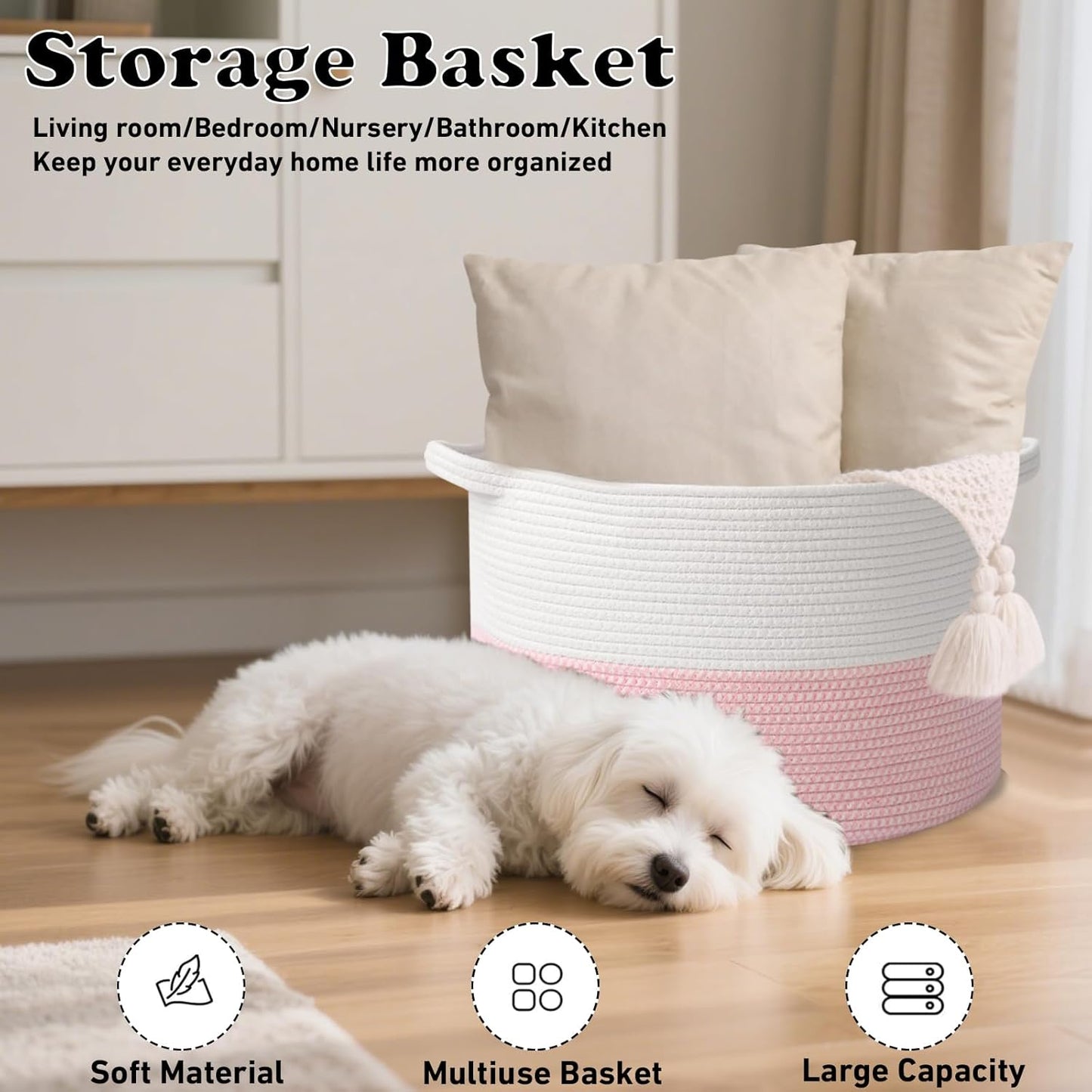 Large Blanket Basket for Organizing,65L Closet Organizers and Storage Bins Box for Shelves Woven Rope Storage Baskets,Living Room,Bedroom,Dorm,Laundry room (White&Pink)