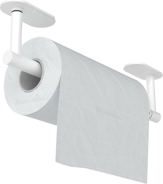 White Paper Towel Holder Under Cabinet, Self Adhesive or Wall Mounted SUS304 Stainless Steel Paper Towel Holder for Kitchen, Bathroom, Farmhouse, Barbecue and Laundry (White)