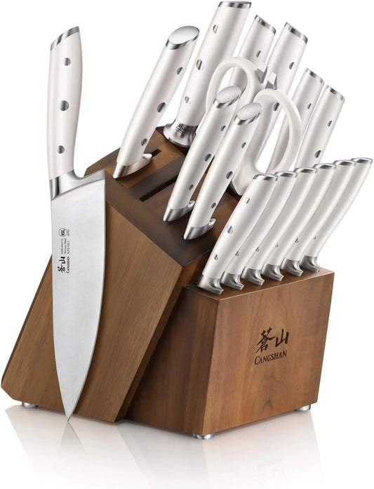 Cangshan Alps Series German Steel Forged 17-Piece Knife Block Set, Acacia (White)