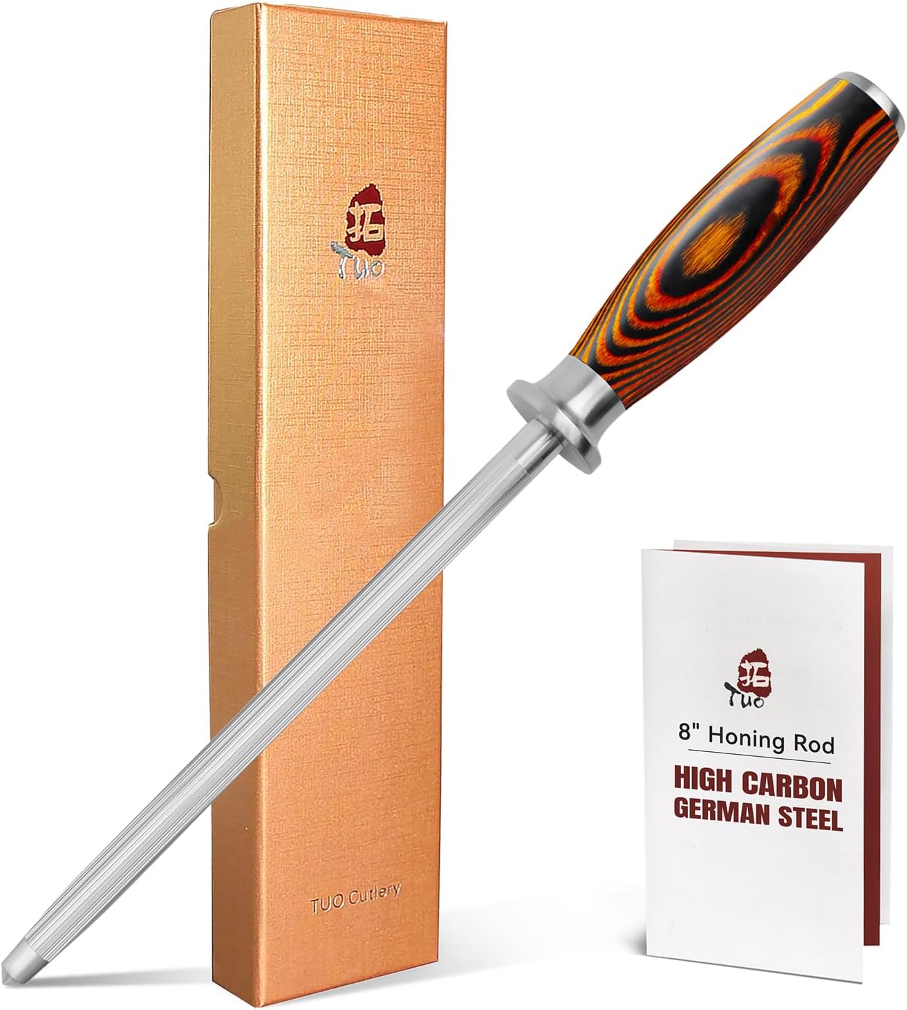 TUO Honing Steel, Sharpener Rod with Thicker Steel Core for Kitchen Knives Daily Sharpening Maintenance, High Carbon Steel, Ergonomic Handle, 8 inch