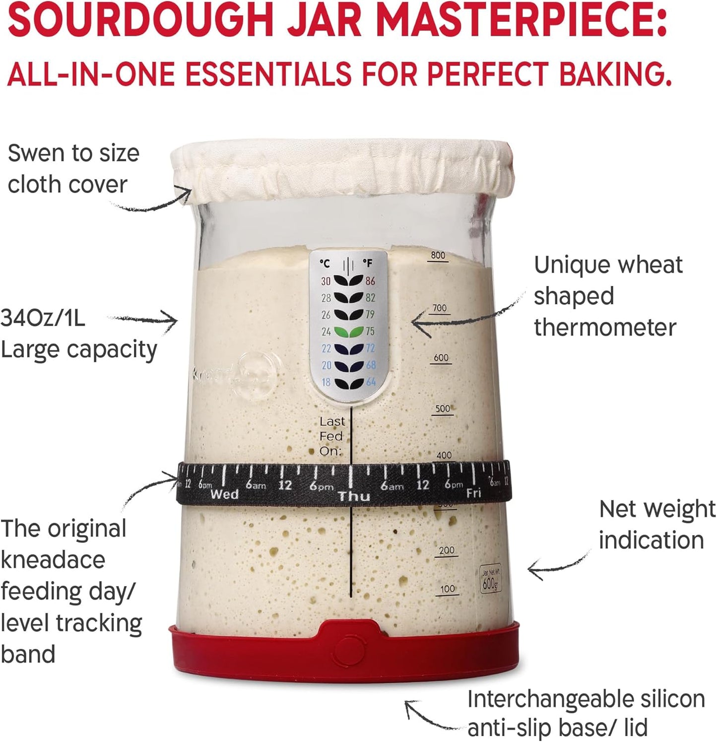 KneadAce Sourdough Starter Kit (PRO 34oz Jar, 2xOval baskets, Red Bread Lame)
