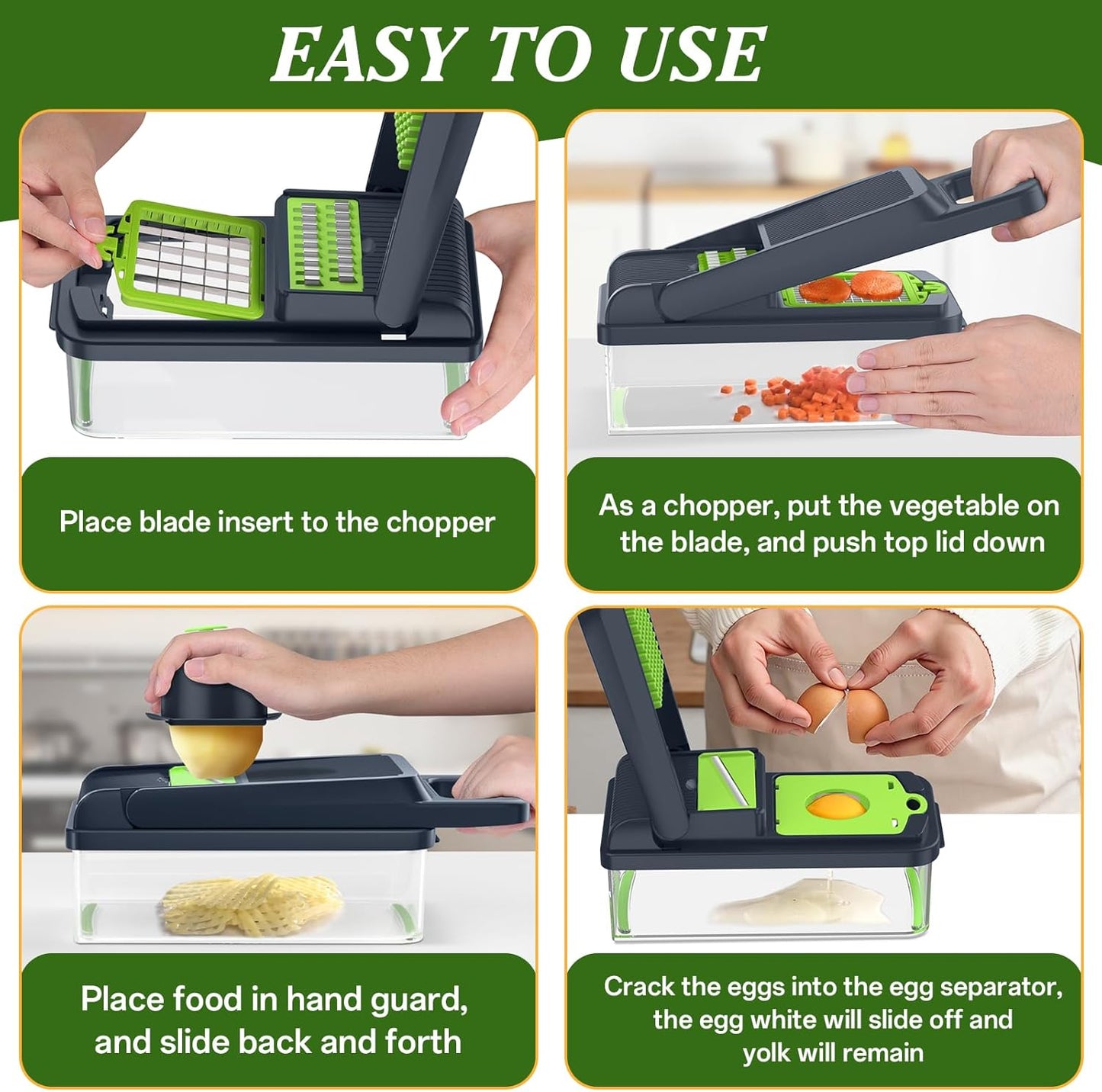 HomeHacks Vegetable Chopper Vegetable Cutter, 12 in 1 Multi-Functional Kitchen Gadget Set - Dicer, Slicer, Cutter, Julience, Cheese Grater, Egg Separator, Hand Guard - Veggie Chopper Lid with Handle