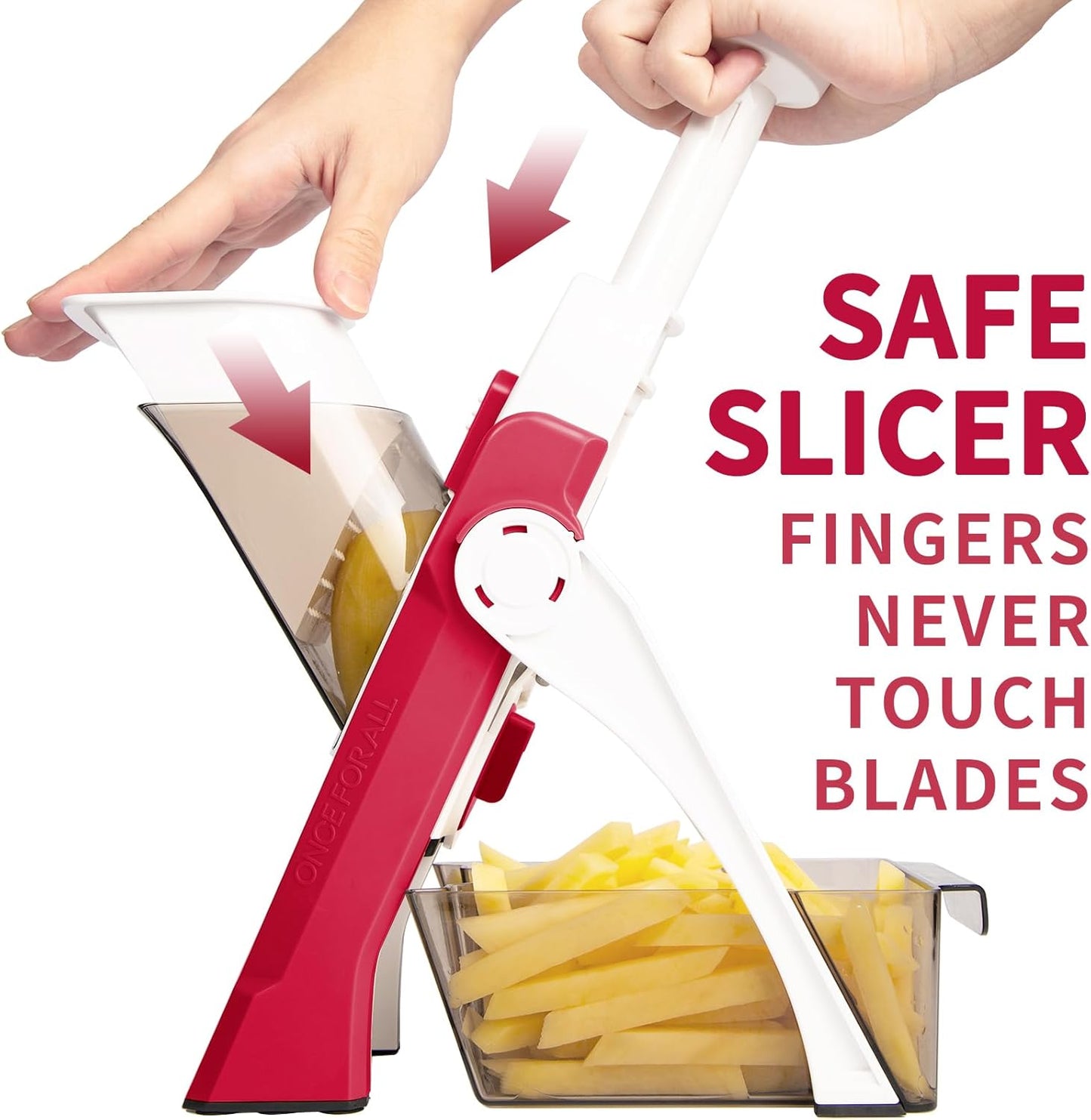 ONCE FOR ALL Safe Mandoline Slicer 5 in 1 Vegetable Cutter, Strips Julienne Dicer Adjustable Thickness 0.1-8 mm for Kitench Fast Meal Prep (Red)
