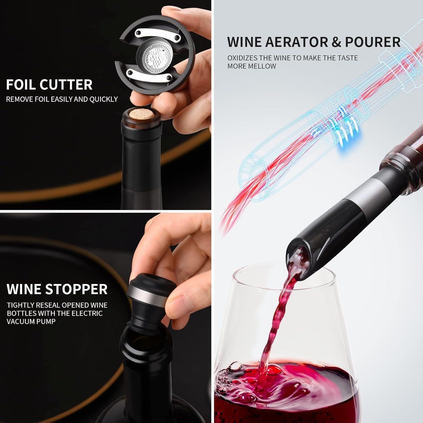 CIRCLE JOY Rechargeable Electric Wine Bottle Opener Set 7-in-1 Aluminum Alloy Wine Gift Set with 2-in-1 Electric Corkscrew & Vacuum Pump, Foil Cutter, Wine Pourer, Charging Base and 2 Wine Stoppers