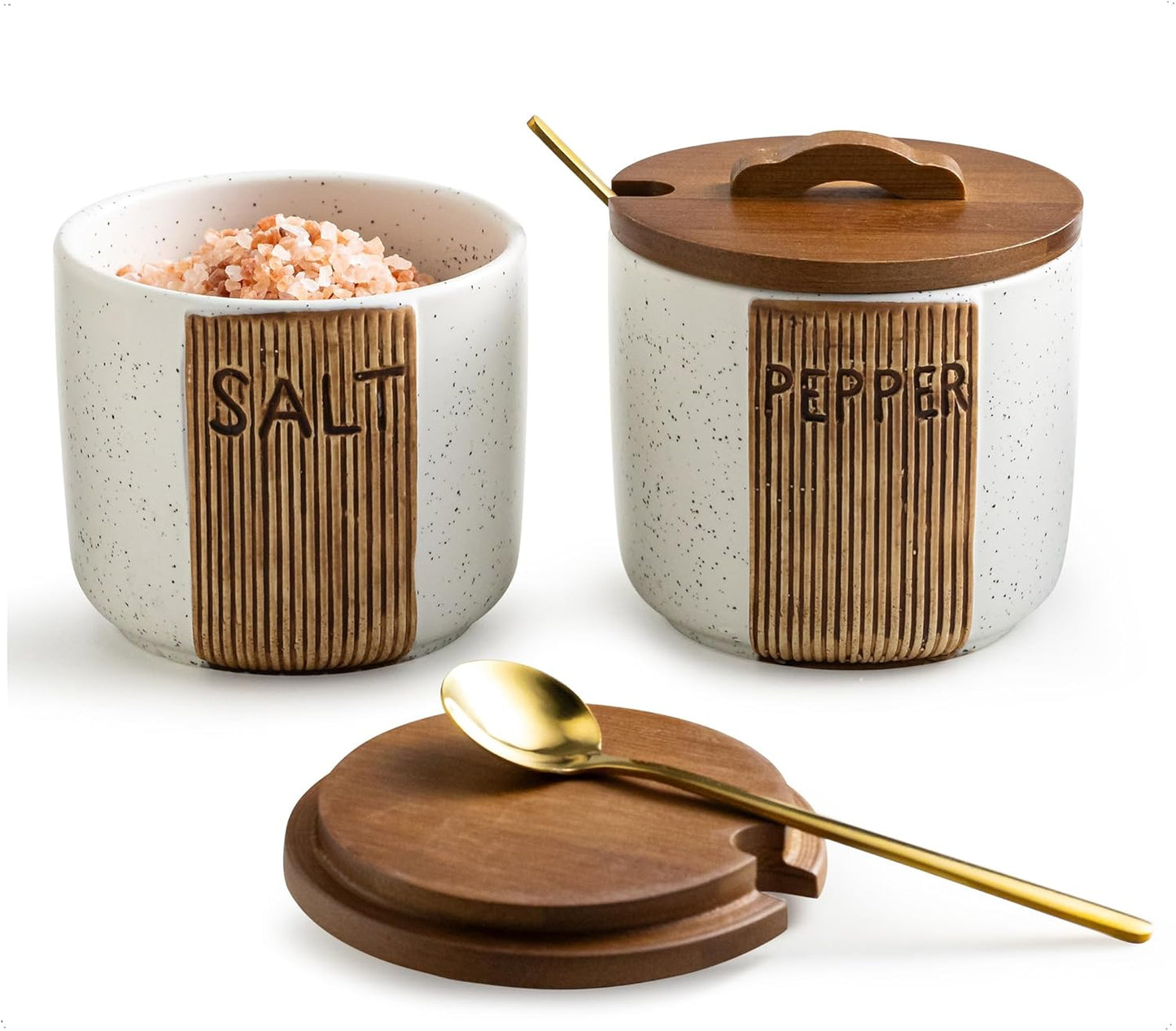 Salt and Pepper Bowl Ceramic, 10 Oz Salt and Pepper Cellar with Lid and Spoon, Farmhouse Salt Containers for Countertop, White