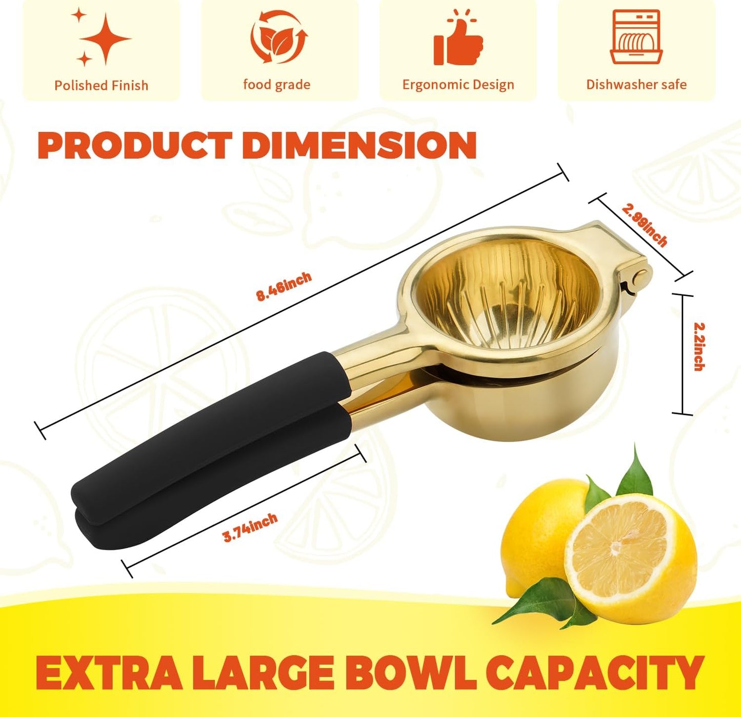 SHIKORI Gold & Black Heavy Duty Lemon Squeezer, 304 Stainless Steel Manual Citrus Press Juicer, 15% More Juice, Easy to Clean