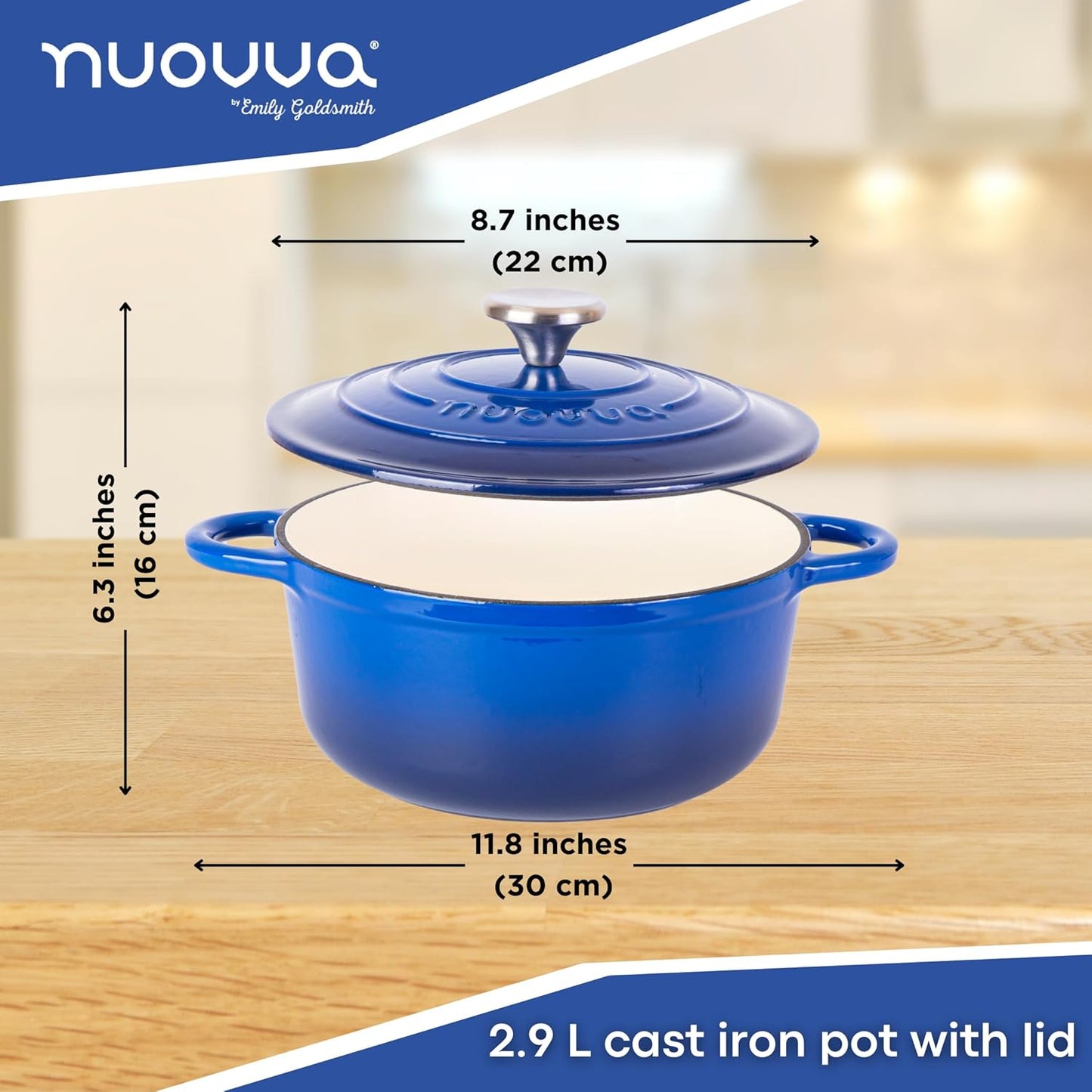 Cast Iron Dutch Oven with Lid – Non-Stick Ovenproof Enamelled Casserole Pot – Sturdy Dutch Oven Cookware – Dark Blue, 3.1-Quart, 22cm – by Nuovva