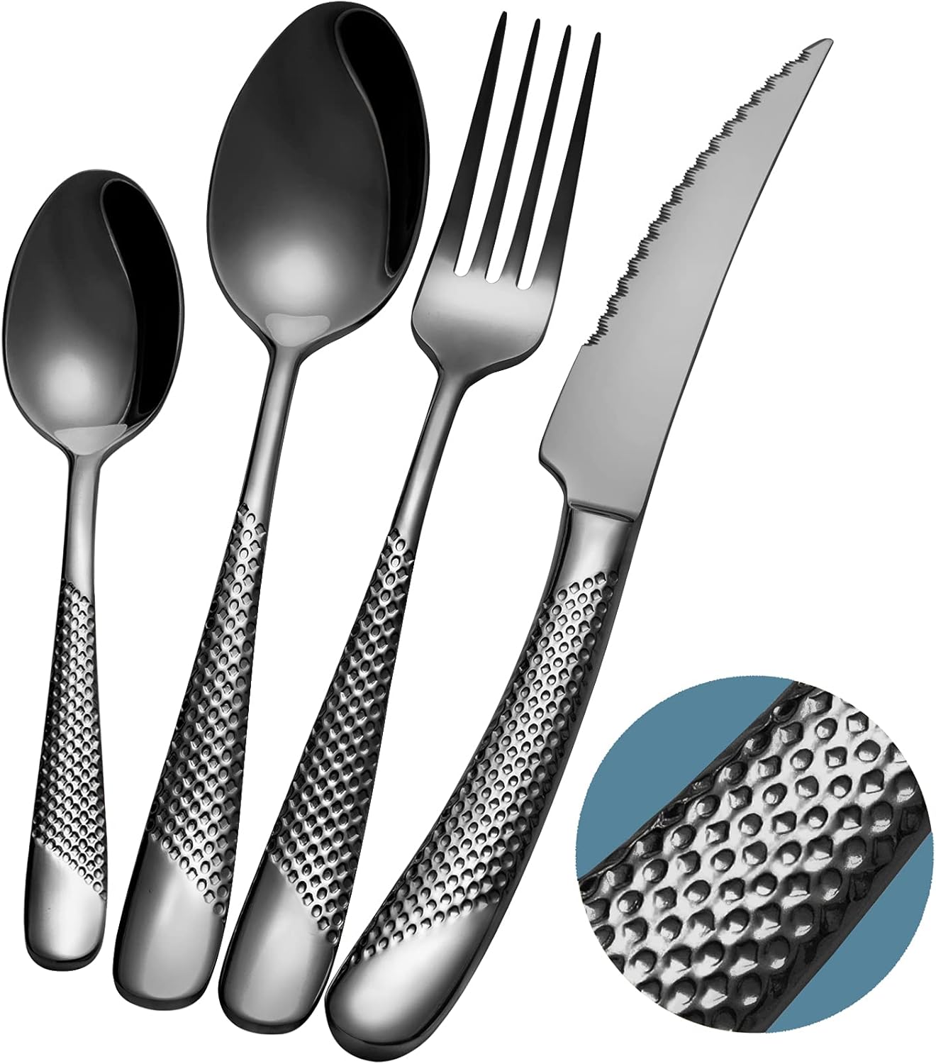 16-Piece Modern Black Hammered Silverware Set with Ultra Sharp 2-IN-1 Serrated Knives, 18/10 Stainless Steel Flatware Set, Titanium Plated Cutlery Set Service for 4, Dishwasher Safe