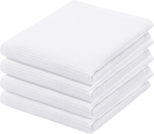 PurpleEssences Waffle Weave Kitchen Towel, 100% Cotton - 15 x 25 Inches, with Hanging Loop Ultra Soft Absorbent Quick Drying Dish Cloth, Tea and Hand Towels, 4 Pack - Spring Summer - White