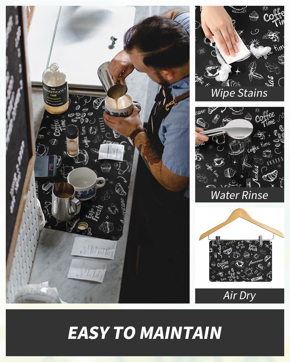 AMOAMI Coffee Mat Hide Stain Rubber Backed Absorbent Dish Drying Mat for Kitchen Counter - Fits Under Coffee Maker & Espresso Machine (16X24, Ink)