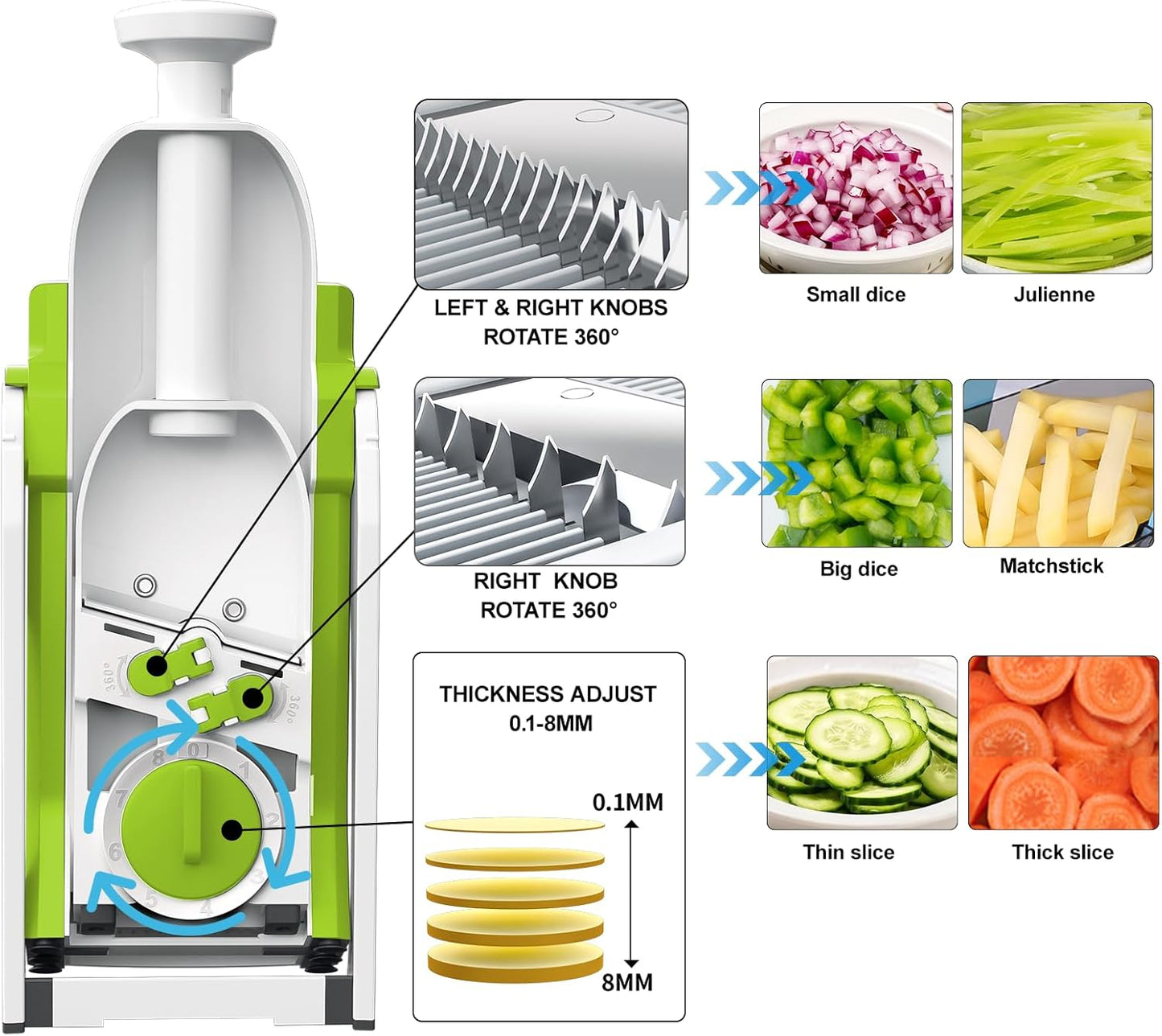 Safe Mandoline Slicer and Vegetable Chopper, Multi Potato Slicer for Kitchen, 4 Modes 100+ Presets Thickness Adjustable,(Green)