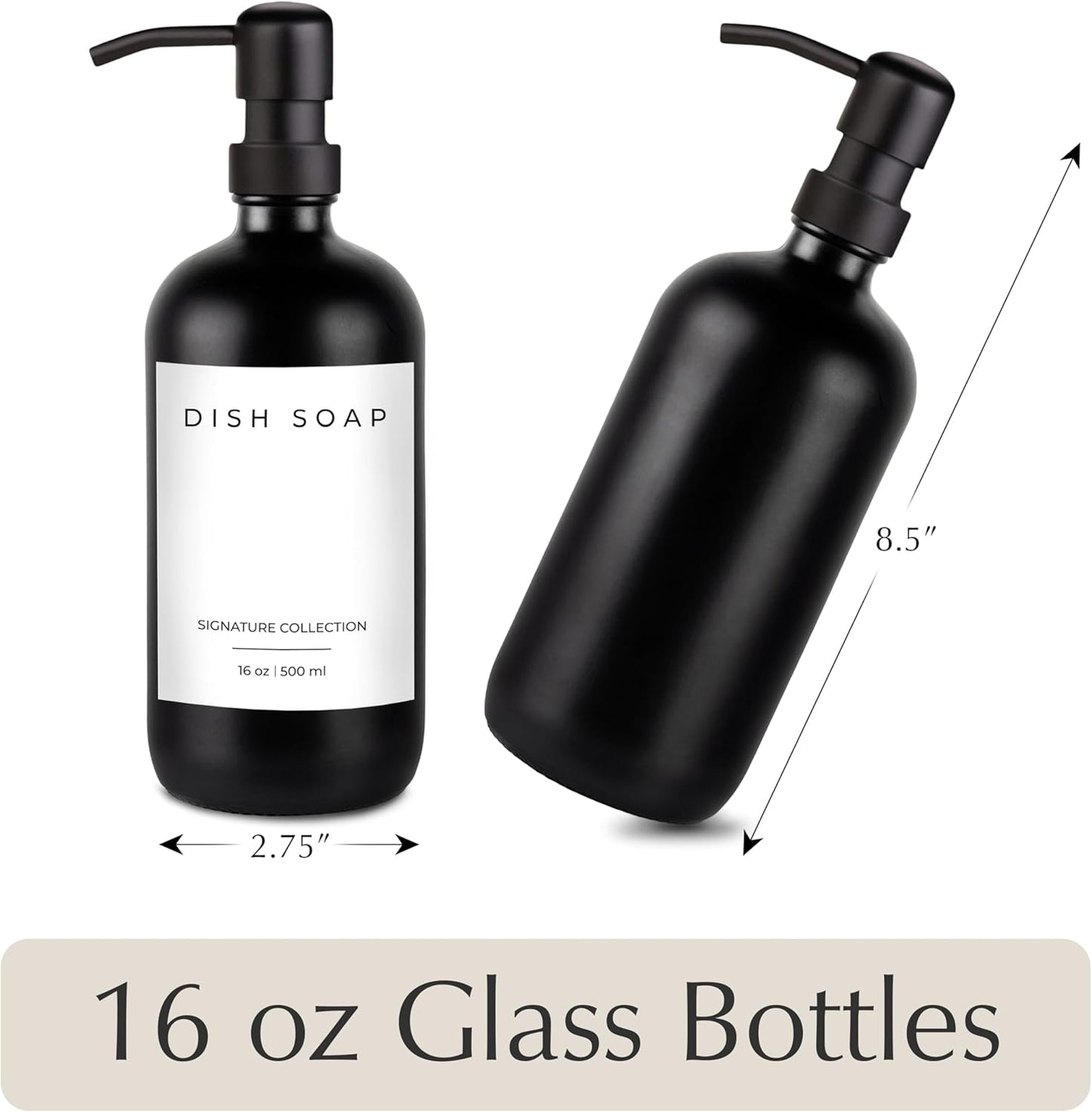 Emerson Essentials Soap Dispenser Set, Dish Soap for Kitchen, Bathroom Set - Hands and Dishes for Home, Farmhouse, Glass Soap Dispenser with Pump and Labels | 16 Oz, 2 Pack