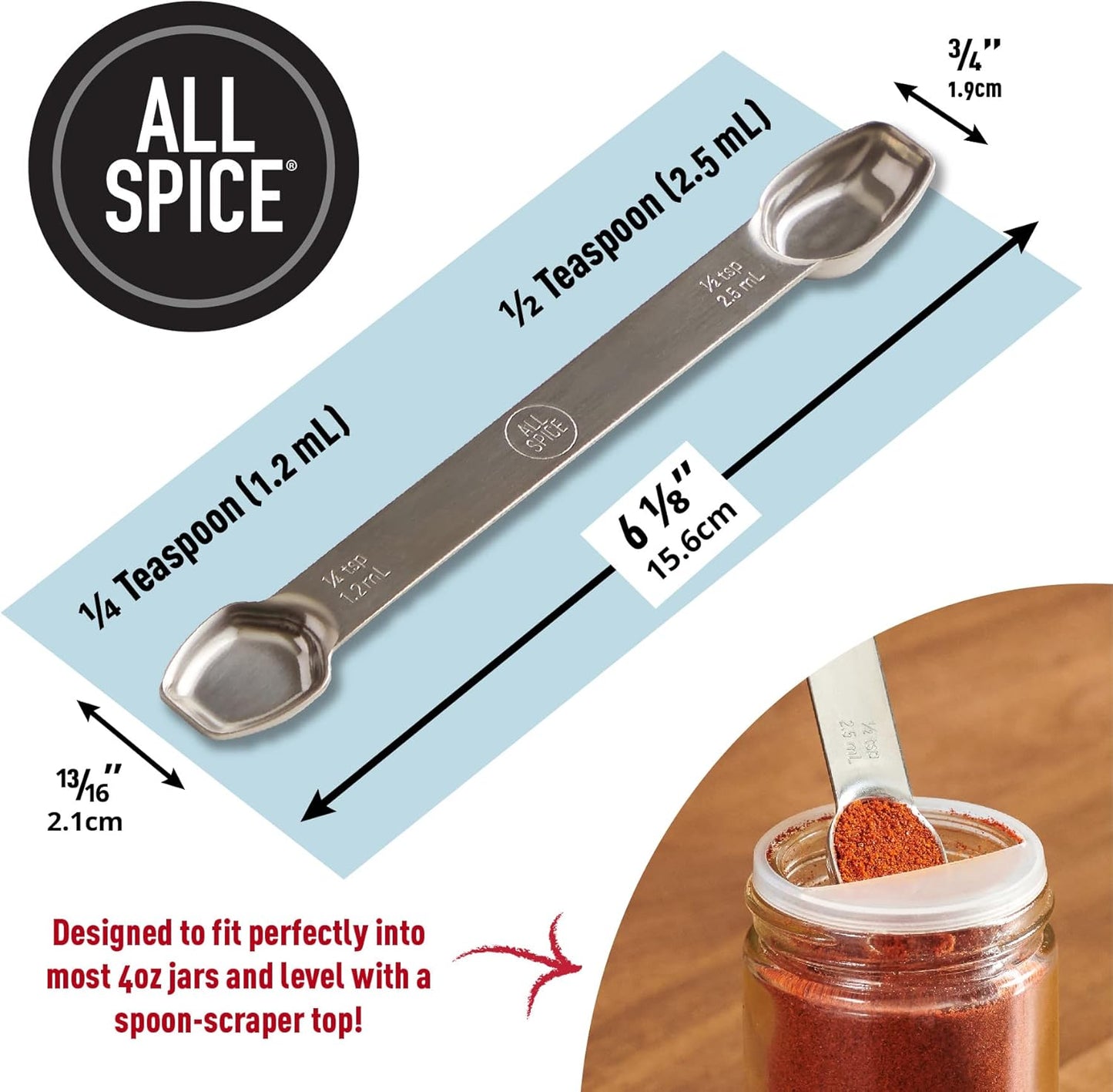 AllSpice Stainless Steel Double Sided Measuring Spoon- 1/2 Teaspoon and 1/4 Teaspoon