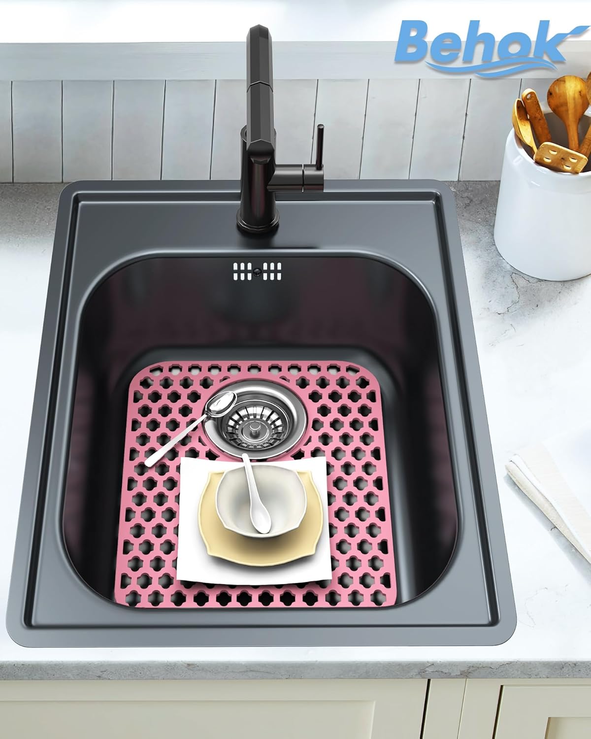 2 Pack Silicone Sink Protector for Kitchen Sink Bathroom, 13.58"x 11.6" Sink Mat Non-Slip and Durable Silicone Protectors, Rear Drain, Pink