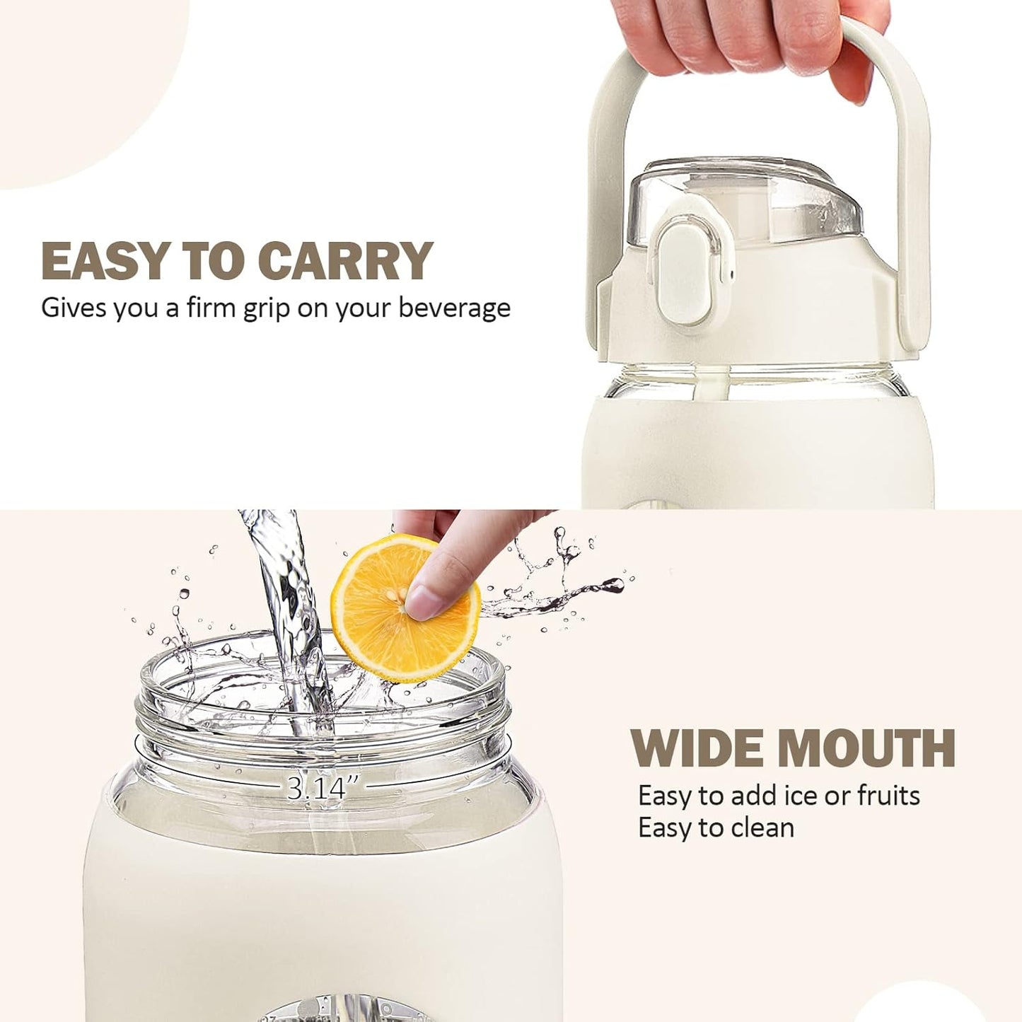 kytffu 64oz Glass Water Bottles with Straw, Half Gallon Motivational Glass Bottle with Silicone Sleeve and Time Marker, 2L Leakproof Large Glass Water Jug for Gym Home Office,White