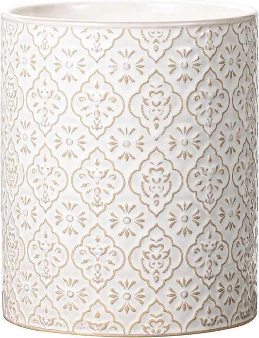 Kitchen Utensil Holder, 6x7 inch Large Ceramic Utensil Holder with Embossed Pattern, Cooking Utensil Crocks for Kitchen Countertop, Home Decor, Off-White