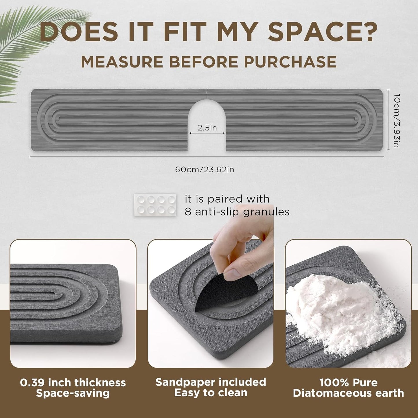 Faucet Mat for Kitchen Sink, Diatomite Stone Drying Sink Protectors, Bathroom Faucet Splash Guard, Quick Dry Water Absorbing, Non-Slip Stone Tray for Kitchen Counter, Grey, 23.6" x 3.9"