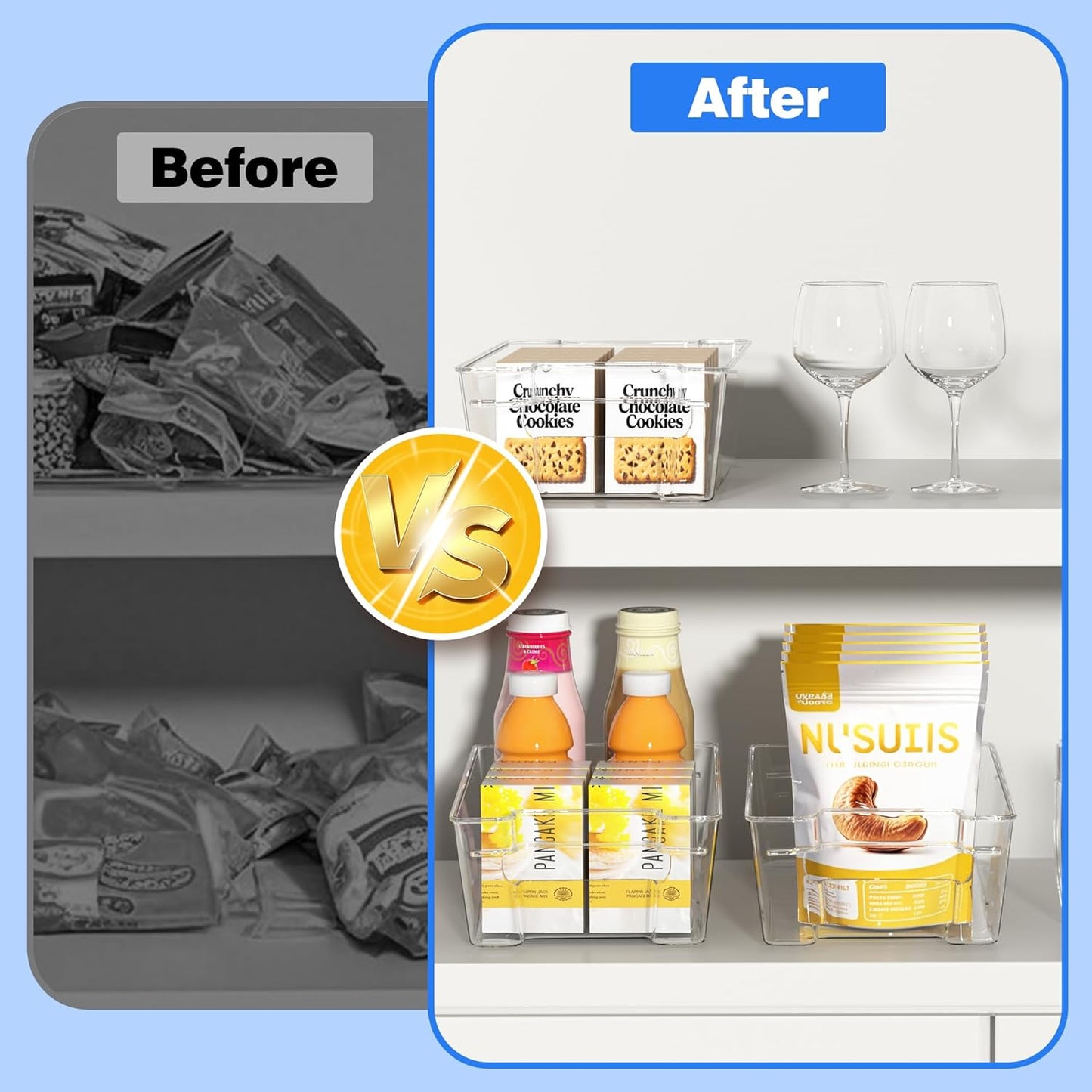 Clear Refrigerator Storage Bins, 8-Piece Set, Stackable Kitchen Organizer Containers for Fridge and Pantry (Clear 8 Pack-12.4"*6.1"*3.4")