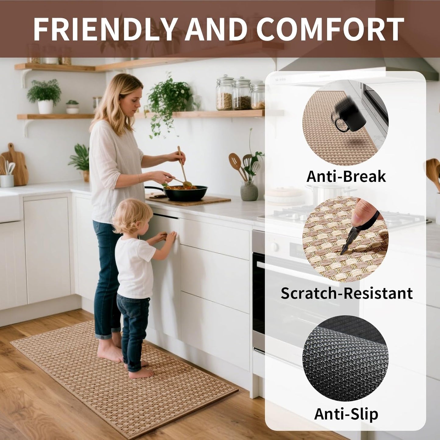 Long Kitchen Runner Rugs Kitchen Mat Non Slip Washable, Super Absorbent Soft Chenille Braided Kitchen Mats for Floor, Rubber Backing Kitchen Floor Sink Standing Mat, Easy Clean, Brown 17"x71"