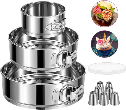 Springform Pan, Stainless Steel Springform Cake Pan, Leakproof & Nonstick Cheesecake Pan, 4" 7" 9" Round Cake Molds with 50 Pcs Paper Liners and 7 Pcs Piping Tips