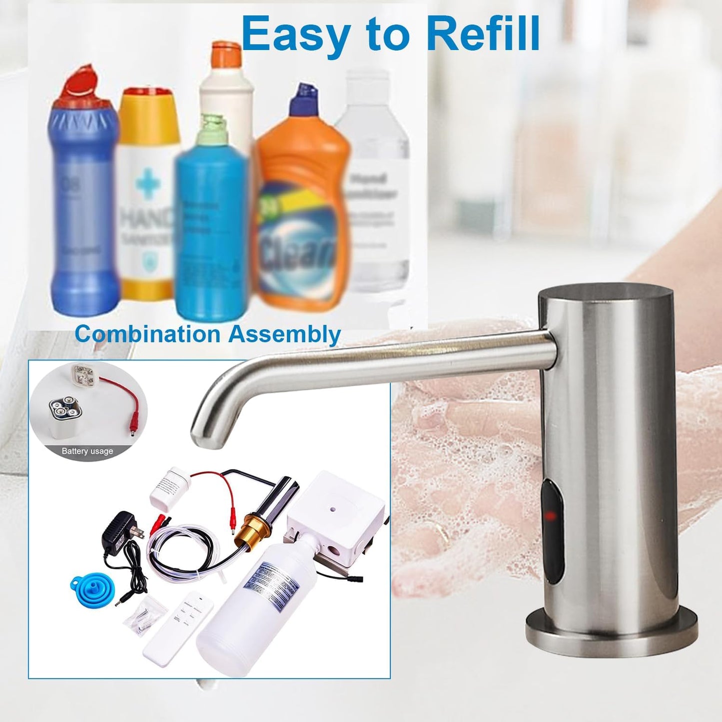 Touchless Automatic Soap Dispenser for Kitchen Bathroom Sink Built in Brushed Nickel Liquid Commercial Electric Soap Dispenser with Bottle and Pump Brushed Nickel