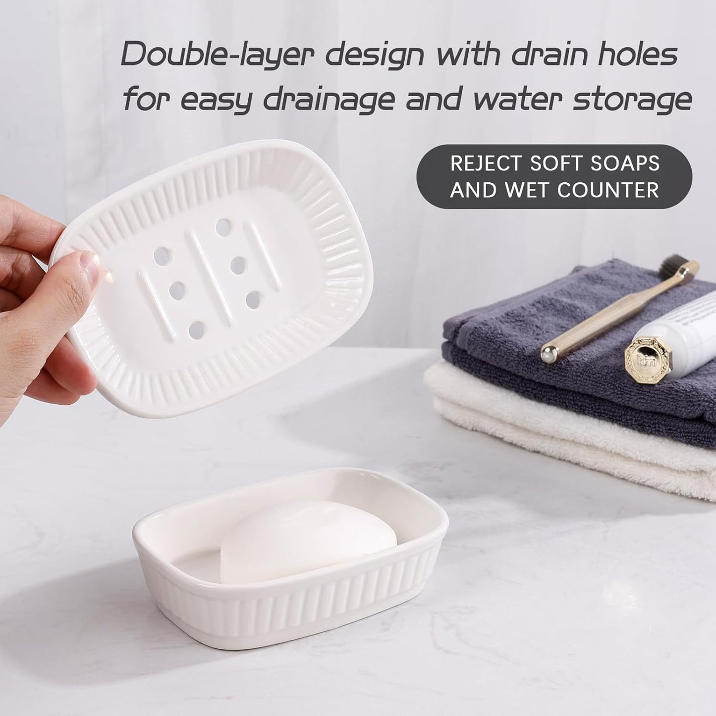 ANTIS'S HOME Ceramic Soap Dish, Self-draining Soap Holder, Double Layer Bar Soap Holder, White Draining Soap Dishes for Bathroom Shower Kitchen, Minimalist Vintage Style, Keep Soap Dry
