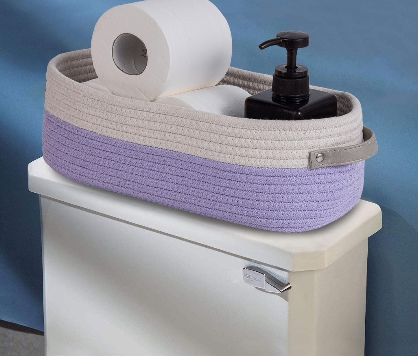Cotton Rope Woven Basket Toilet Paper Organizer - Decorative Storage Basket for Boho Decor - 13"x5.9"x4" Purple