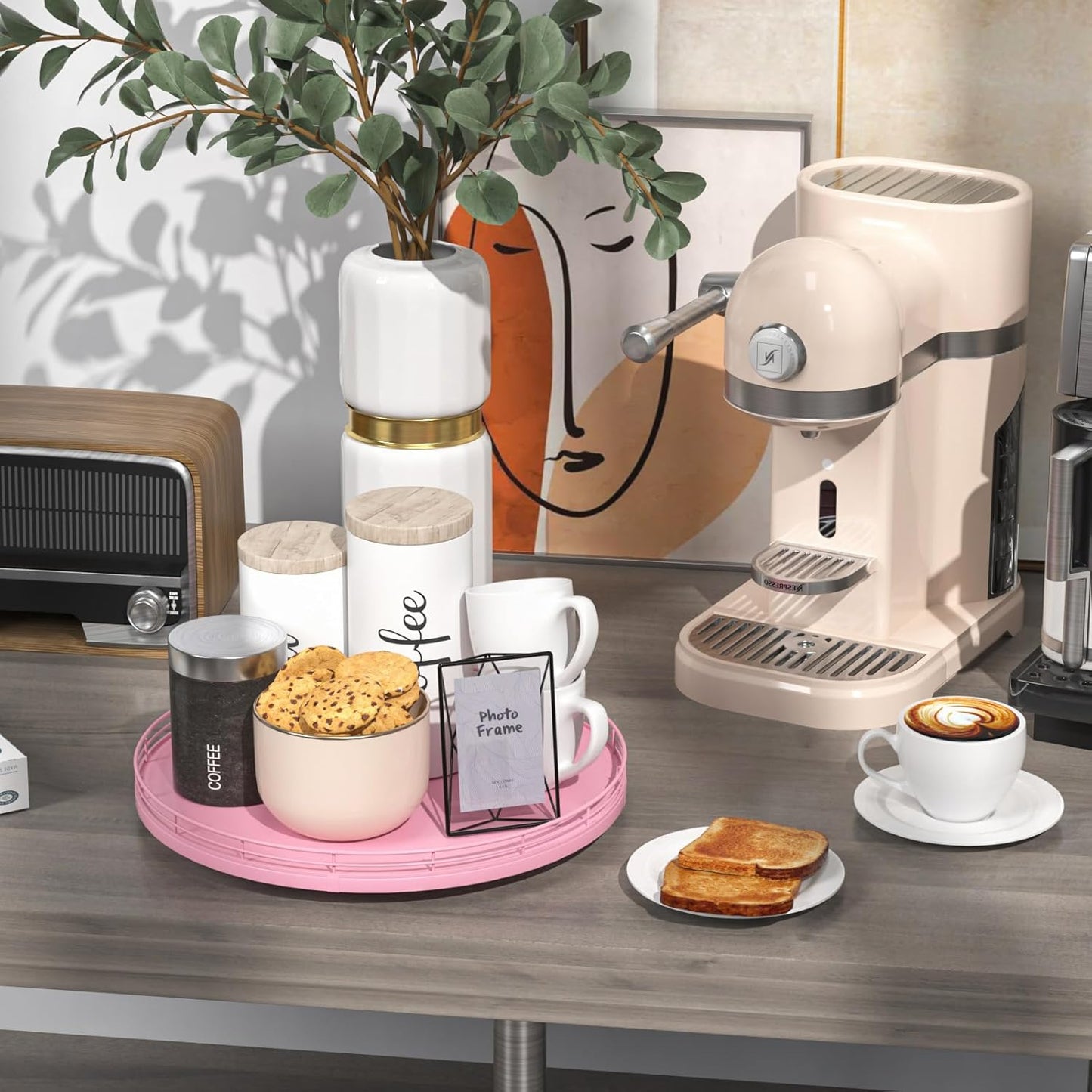 13" Oak Wood Lazy Susan Organizer, Lazy Susan for Cabinet Dining Table Pantry Wood Turntable Organizer Tray for Coffee Table Kitchen Countertop Spinning Spice Can Organization and Storage Round Pink