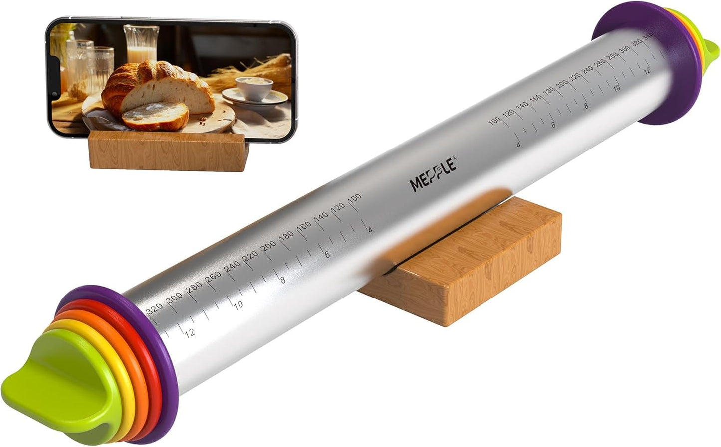 Stainless Steel Rolling Pin with Thickness Rings for Fondant, Pizza, Cookie, Pastry, Pie,Roller Rod for Dough Thickness,Rolling Pin for Baking, 13.6" with 4 Thickness Rings and Wooden Stand