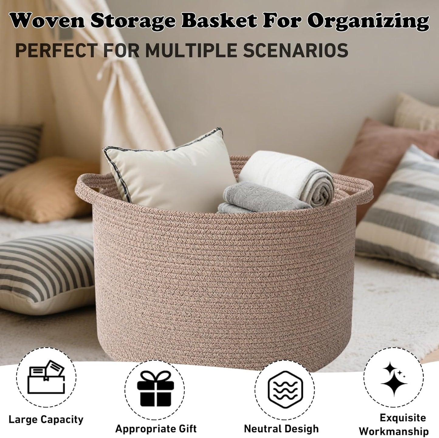 Large Blanket Basket for Organizing,65L Closet Organizers and Storage Bins Box for Shelves Woven Rope Storage Baskets,Living Room,Bedroom,Dorm,Laundry room (Brown)