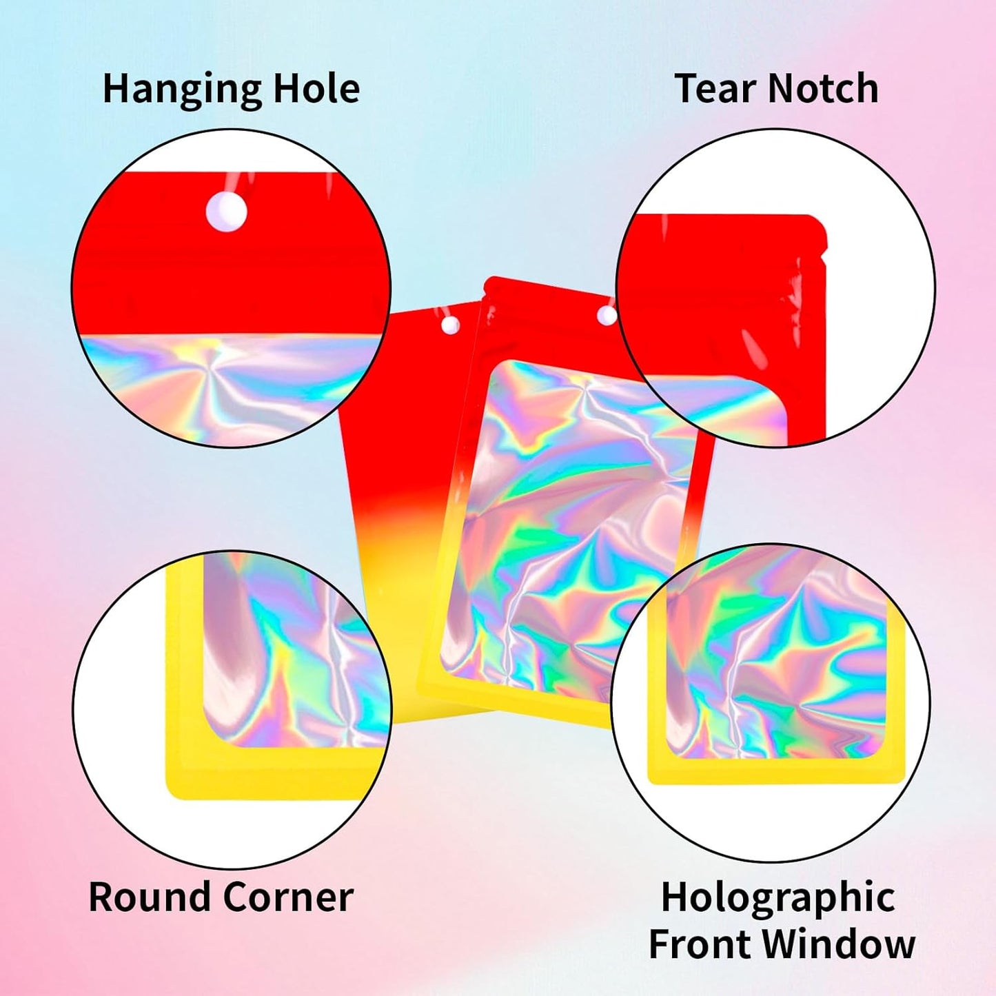 200 Pack Resealable Mylar Holographic Bags Food Storage Smell Proof Bags with Front Window Foil Packaging Pouch for Candy Sample Jewelry Small Business 4.13×5.91 Inch, Red Fade Yellow