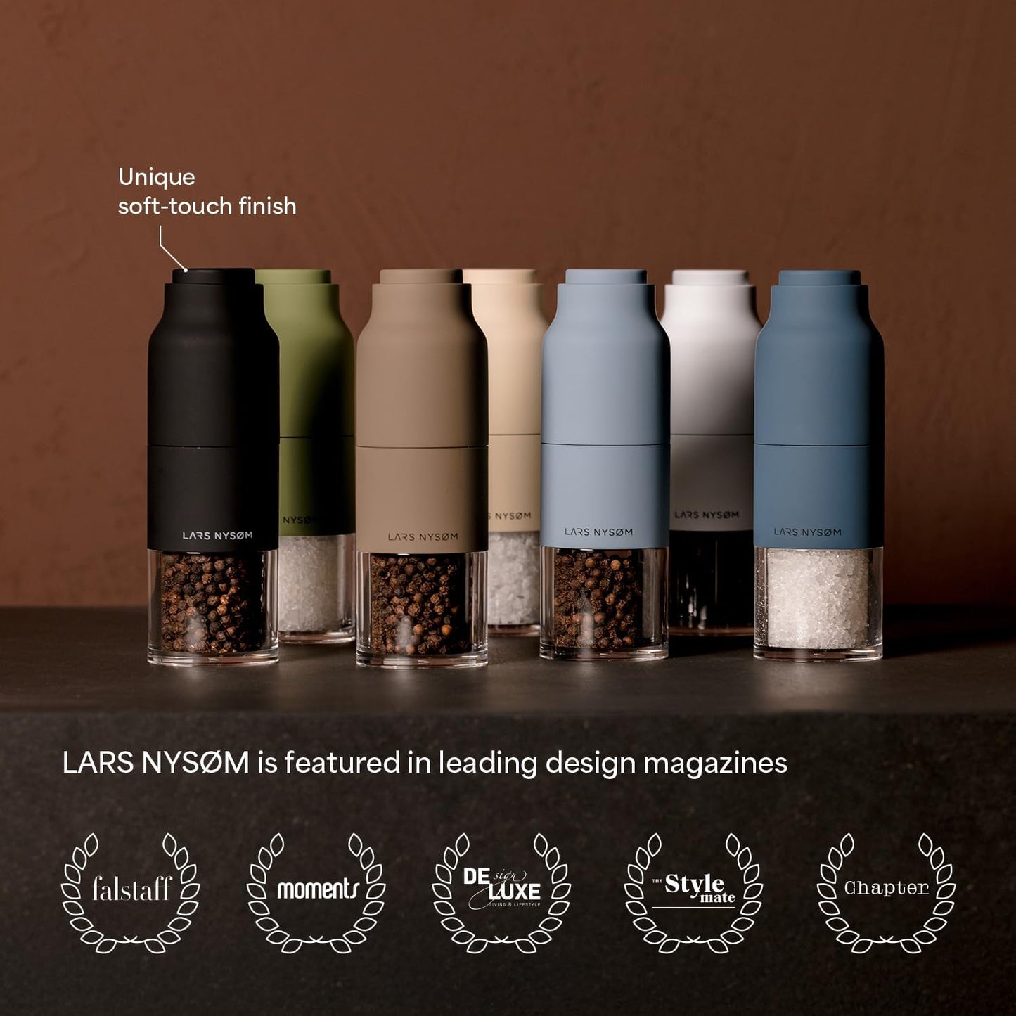 LARS NYSØM Salt and Pepper Grinder Set, Stainless Steel Manual Salt and Pepper Mills, Adjustable Ceramic Grinder, Design Spice Shakers (Red/Brown)