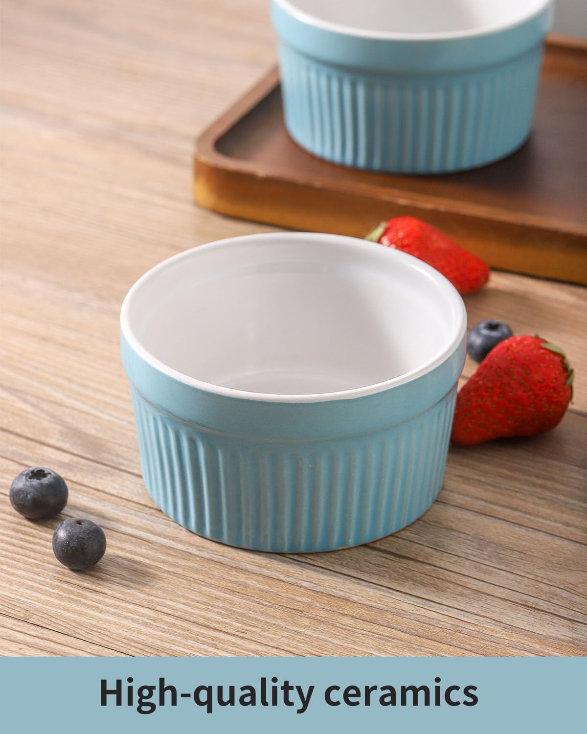 Hasense Ramekins Oven Safe, 8 oz Creme Brulee Ramekins Set of 2, Microwave & Dishwasher Safe Souffle Baking Cups for Pudding, Ice Cream, Custard, Dessert Bowls Porcelain, Sky Blue