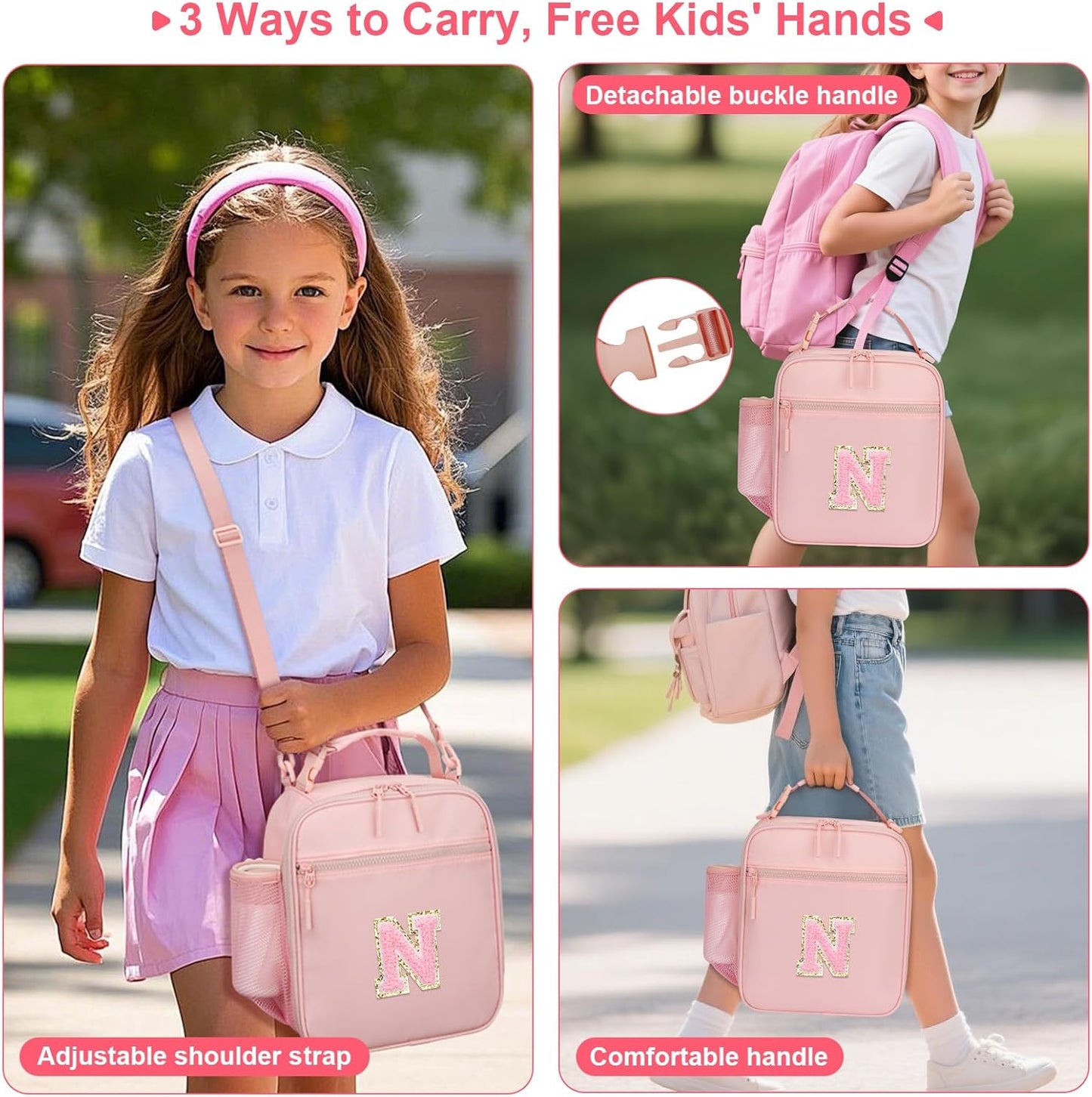 Initial Insulated Lunch Bag for Girls Kids, Back to School Gift, Reusable Leak-proof Lunch Box with Adjustable Strap for School Daycare Travel Picnic (Pink,N)