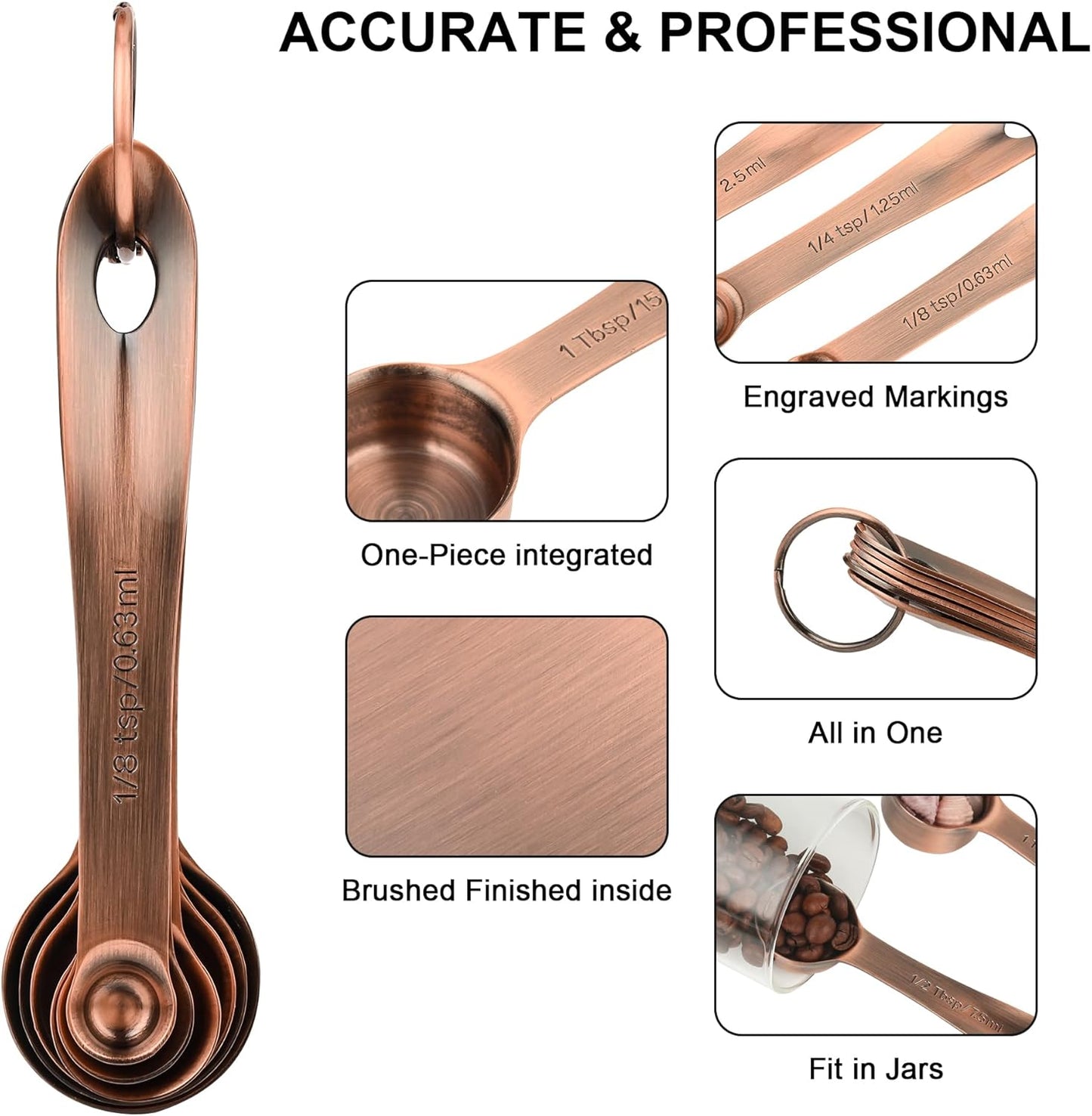 Copper Measuring Spoons Set, Stainless Steel Measuring Spoons Set 6, Metal Measuring Teaspoon & Tablespoon for Baking, Both Imperial & Metric Measuring Tools for Liquid & Dry