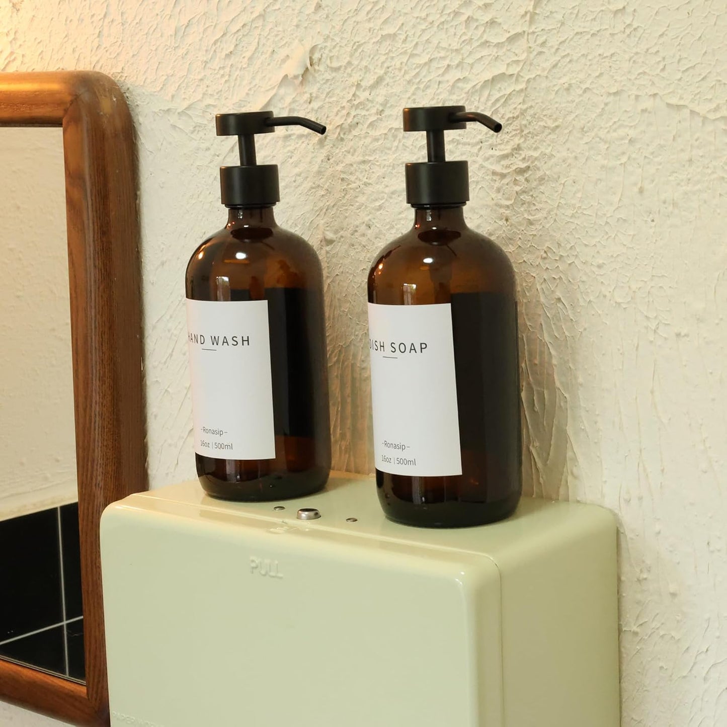 Set of 5 Kitchen Soap Dispenser Set 16 Oz Glass Hand Dish Soap Dispenser with Stainless Steel Pump, Cement Tray, Dish Scrub Brush for Farmhouse Rustic Home Bathroom Decor (Brown)