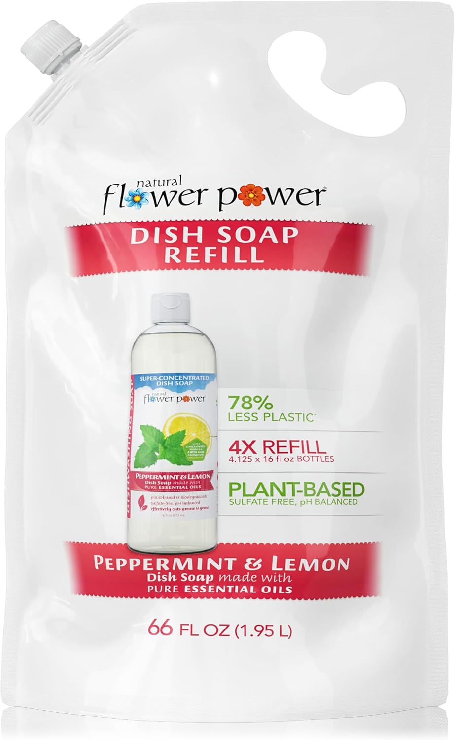 Liquid Dish Soap Refill – 66 Fl Oz Refills 4X – Plant-Based & Scented w/Pure Essential Oils – Natural Dishwashing Detergent – Sulfate-Free Kitchen Soap (Peppermint & Lemon)